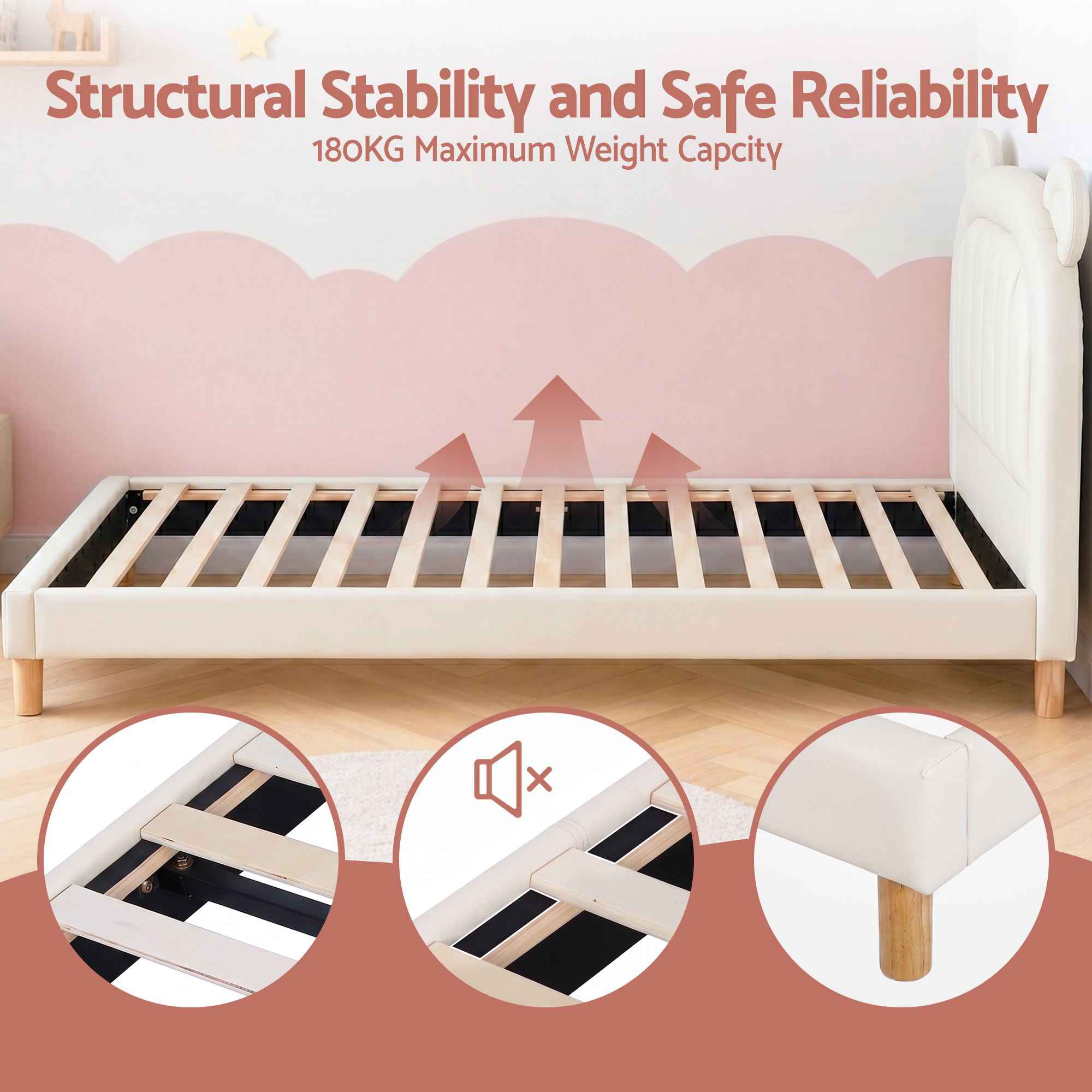 Artiss Kids King Single Bed Frame Bear Ears Headboard Upholstered Leather Platform Bed for Child