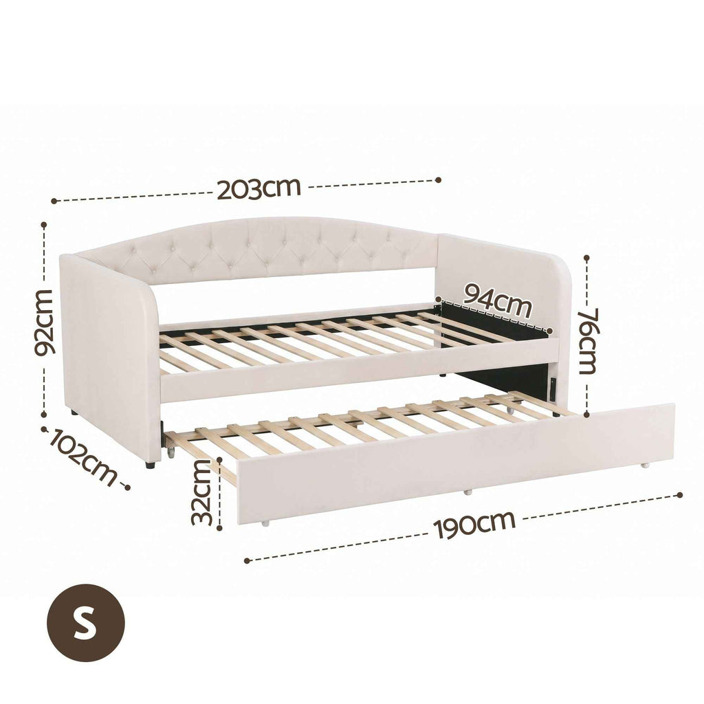 Artiss Single Daybed Velvet Trundle Bed Frame Tufted Guest Bed