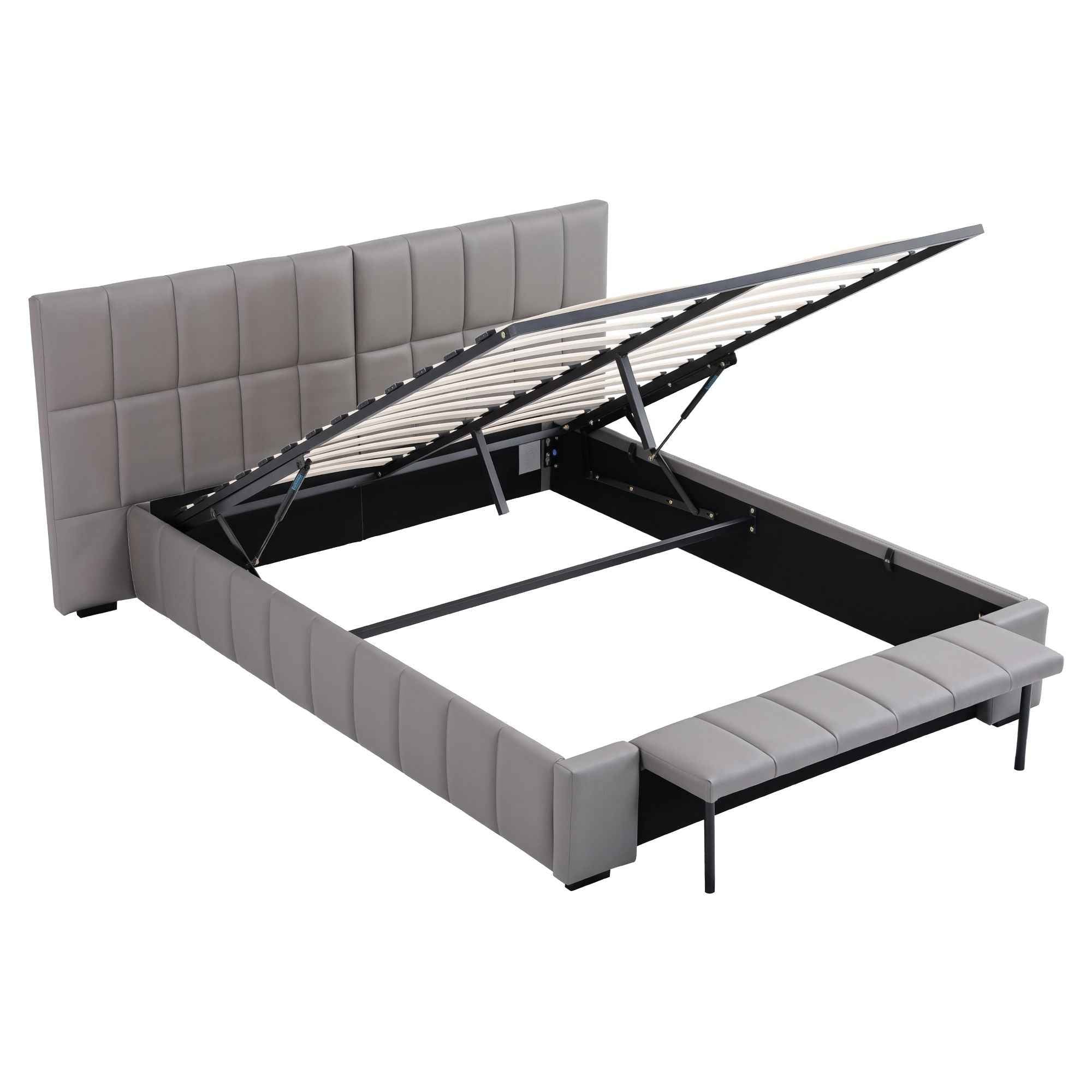 Artiss Double Size Upholstered Gas Lift Bed Frame with Foldable Bench PVC Leather Platform Bed with Storage
