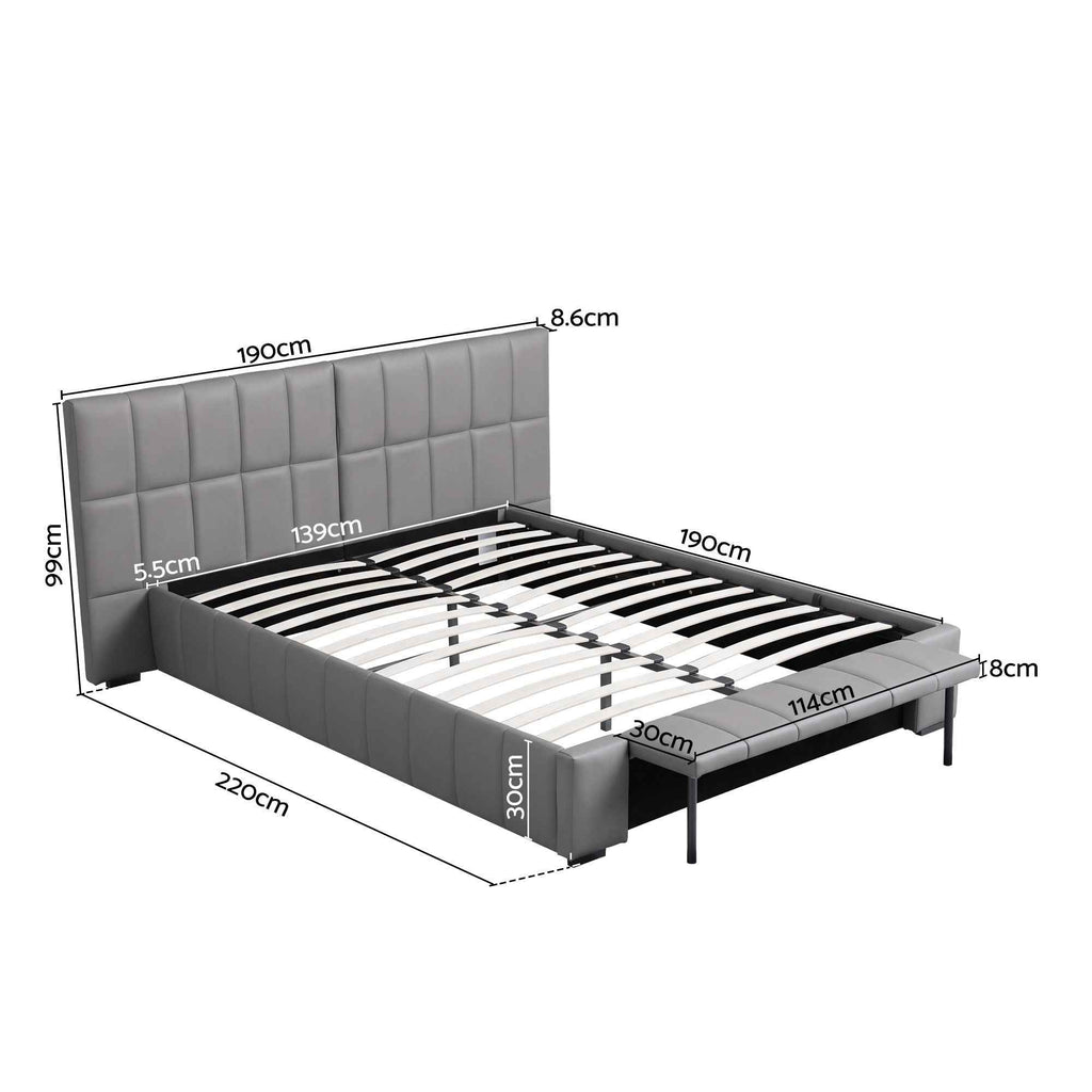Artiss Double Size Upholstered Gas Lift Bed Frame with Foldable Bench PVC Leather Platform Bed with Storage