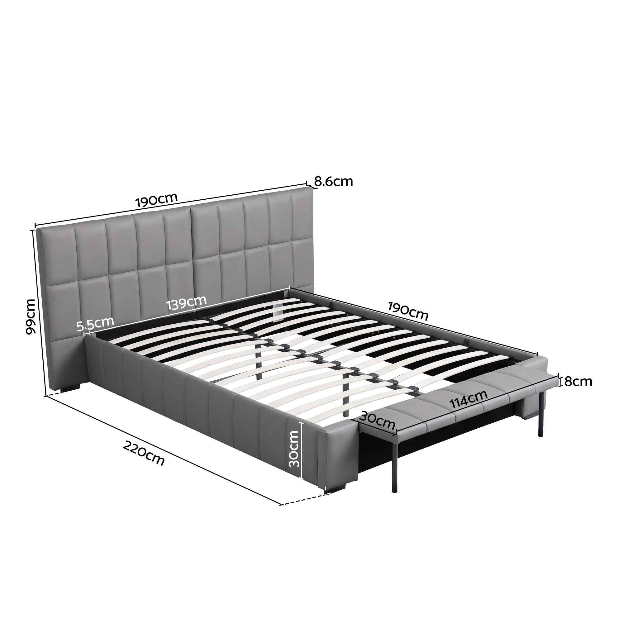 Artiss Double Size Upholstered Gas Lift Bed Frame with Foldable Bench PVC Leather Platform Bed with Storage