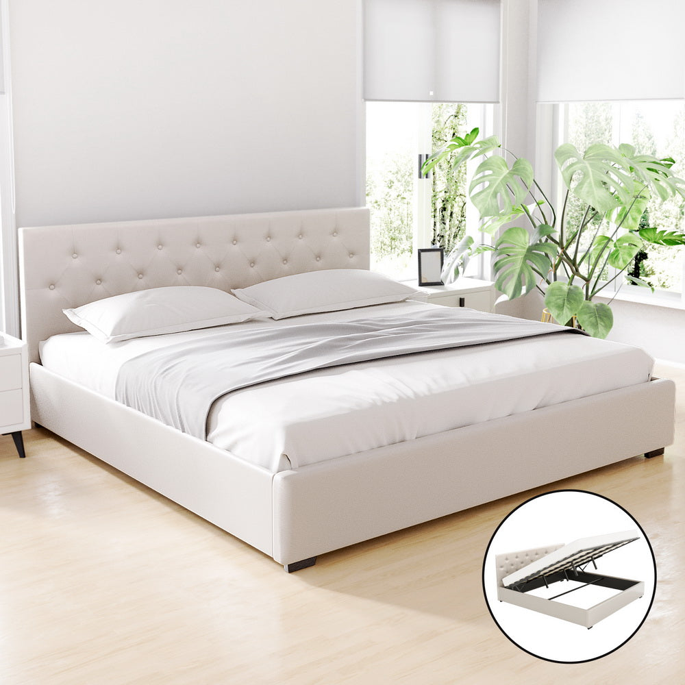 Artiss Bed Frame King Size Gas Lift Beige VILA