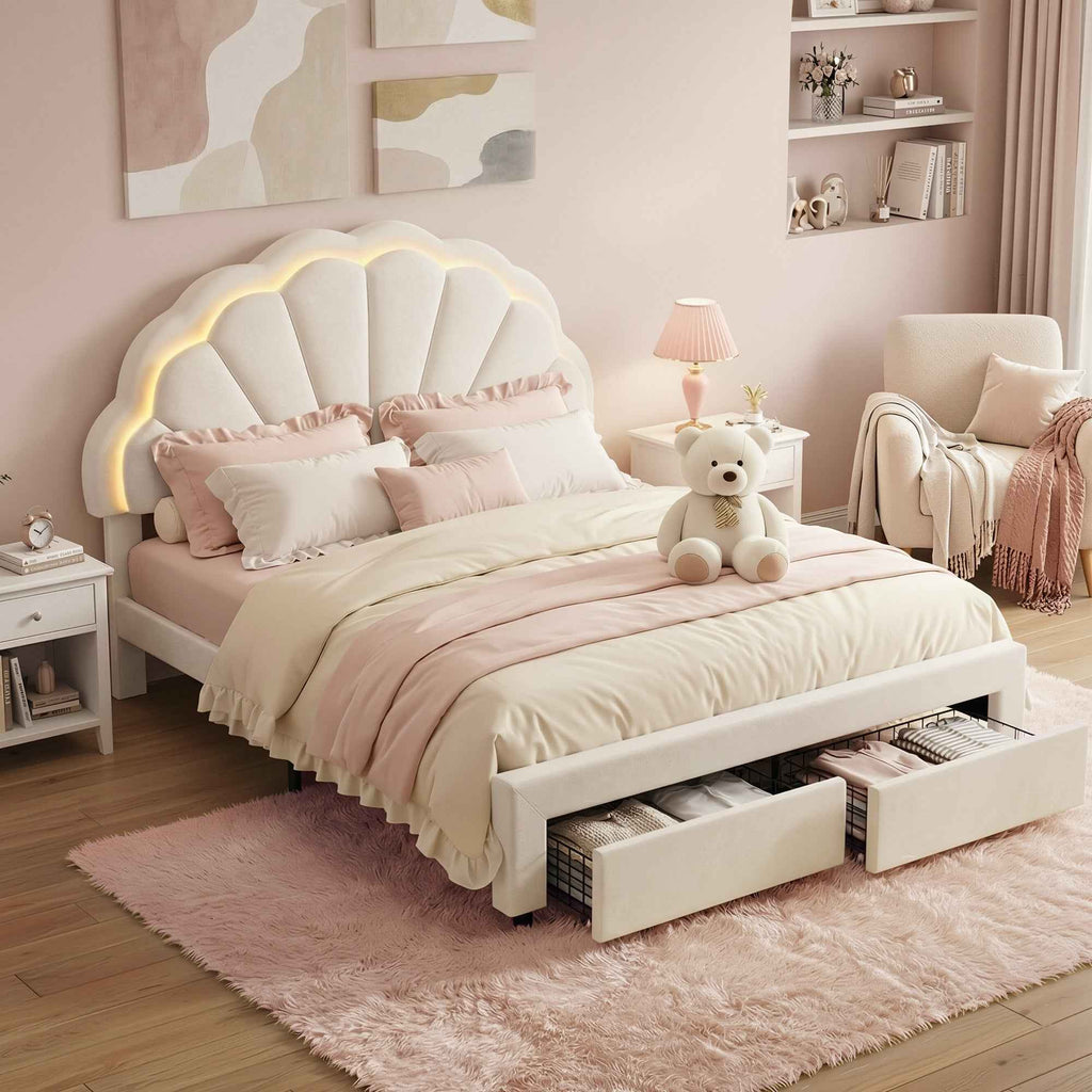 Artiss Double Bed Frame with 2 Storage Drawers Upholstered Velvet Platform Bed LED Headboard