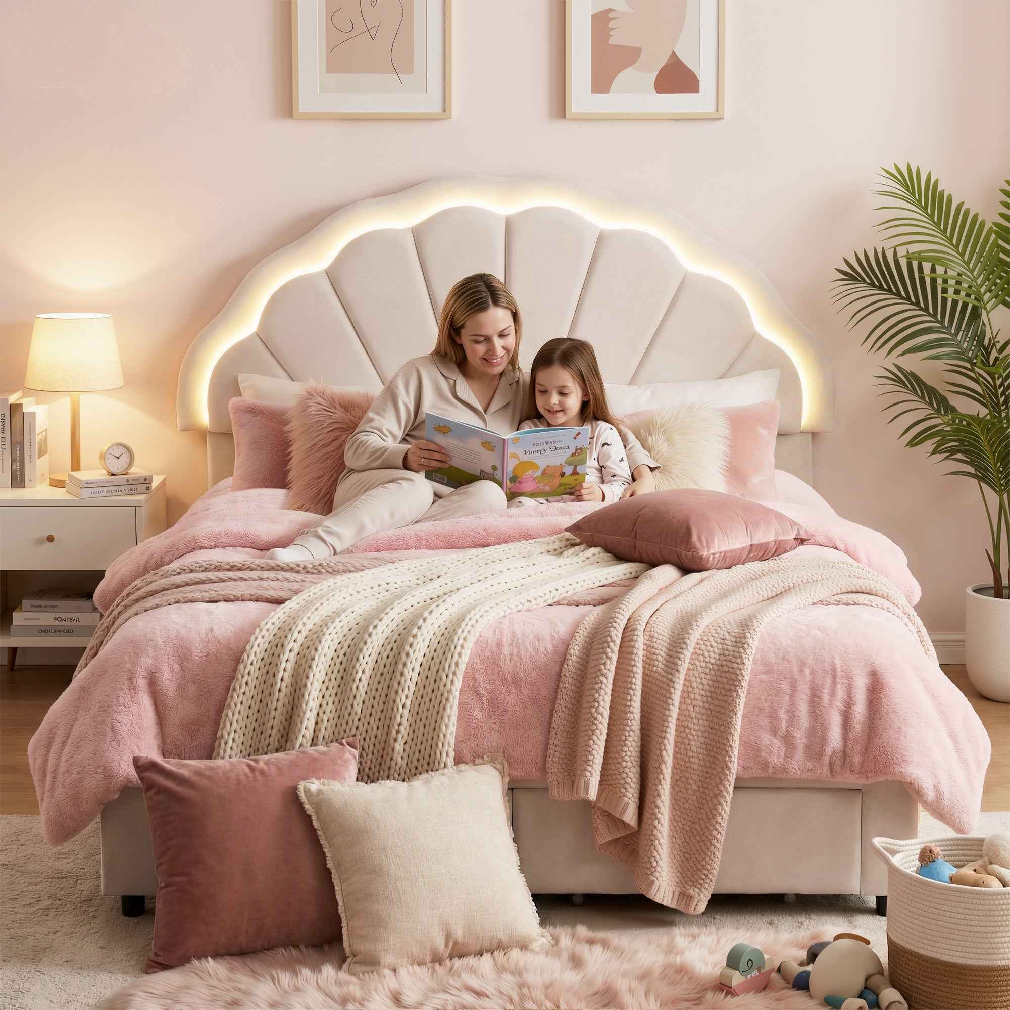 Artiss Double Bed Frame with 2 Storage Drawers Upholstered Velvet Platform Bed LED Headboard