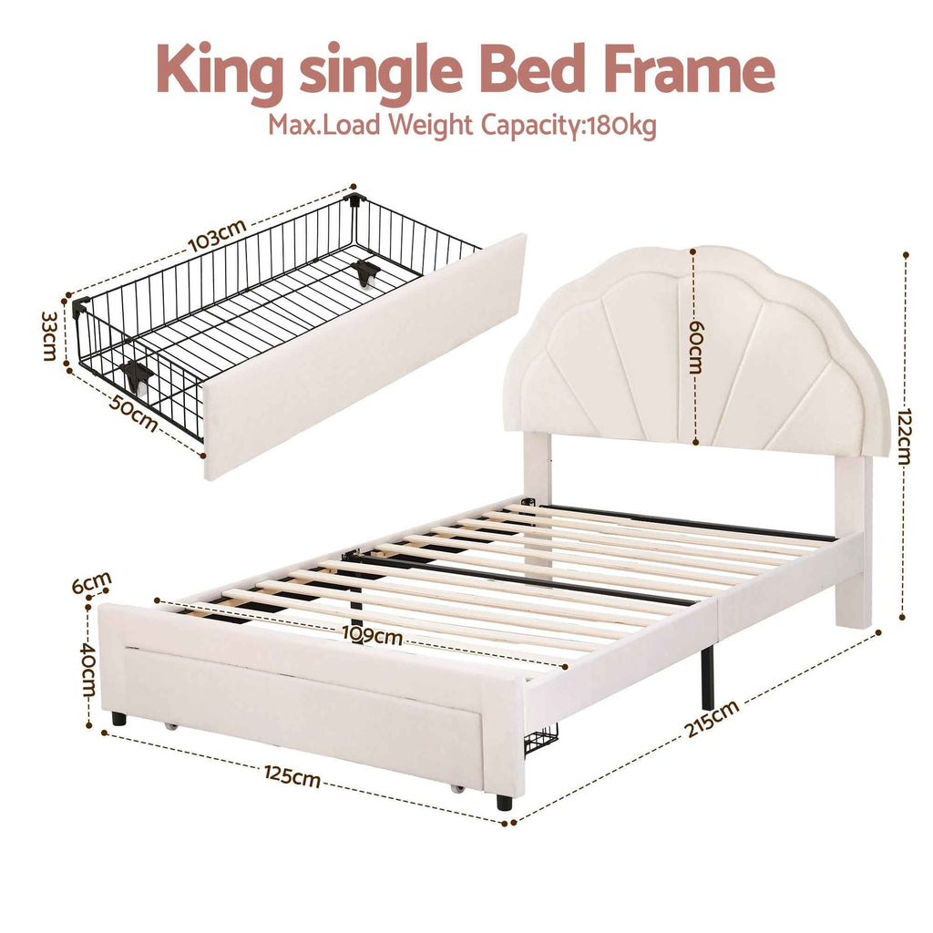 Artiss King Single Bed Frame with Storage Drawer Upholstered Velvet Platform Bed LED Headboard
