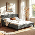 Artiss King Bed Frame with Wingback Headboard Grey Linen Upholstered Platform Bed Base
