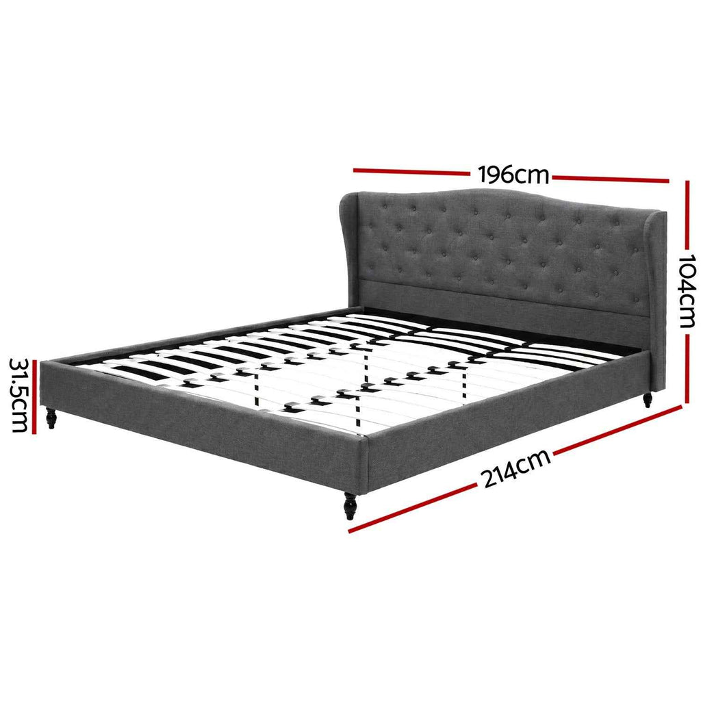 Artiss King Bed Frame with Wingback Headboard Grey Linen Upholstered Platform Bed Base