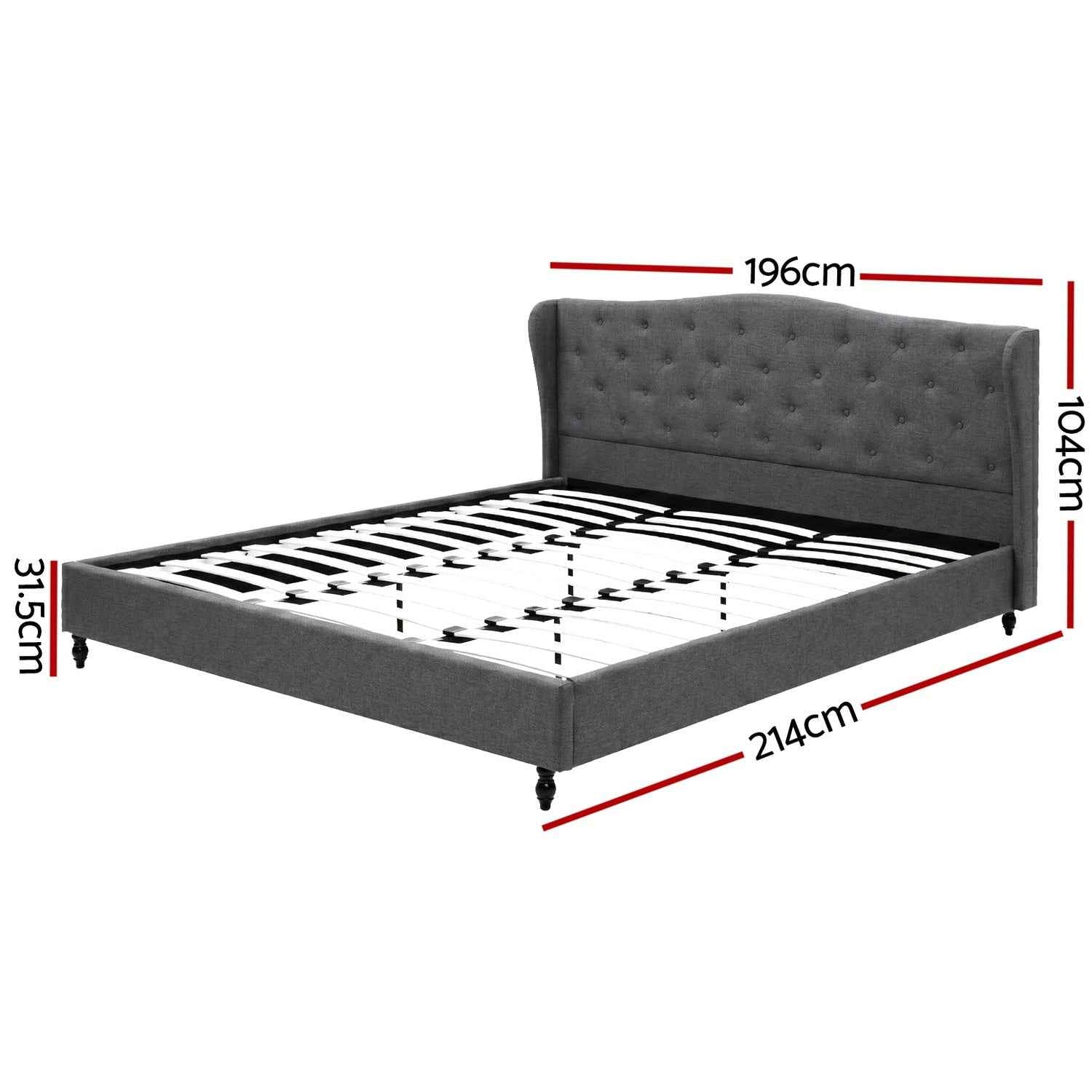 Artiss King Bed Frame with Wingback Headboard Grey Linen Upholstered Platform Bed Base