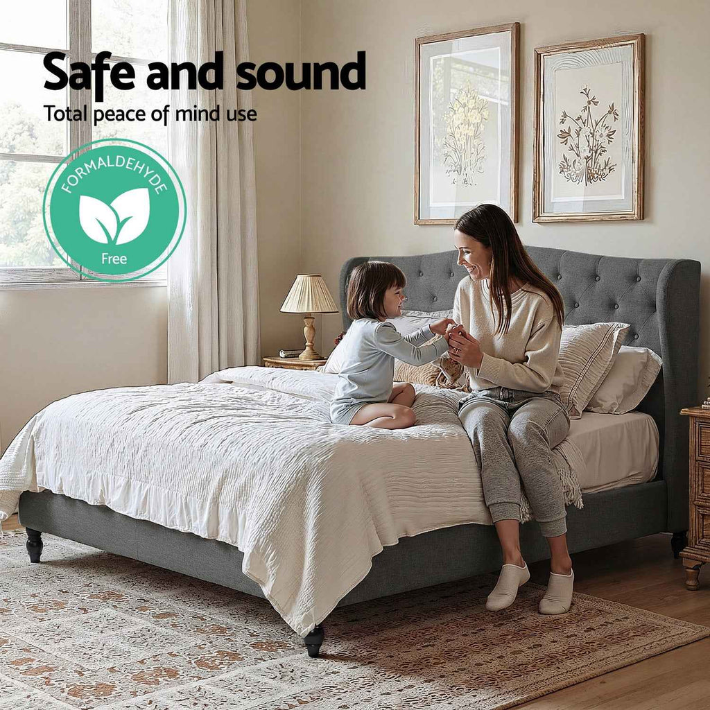 Artiss King Bed Frame with Wingback Headboard Grey Linen Upholstered Platform Bed Base