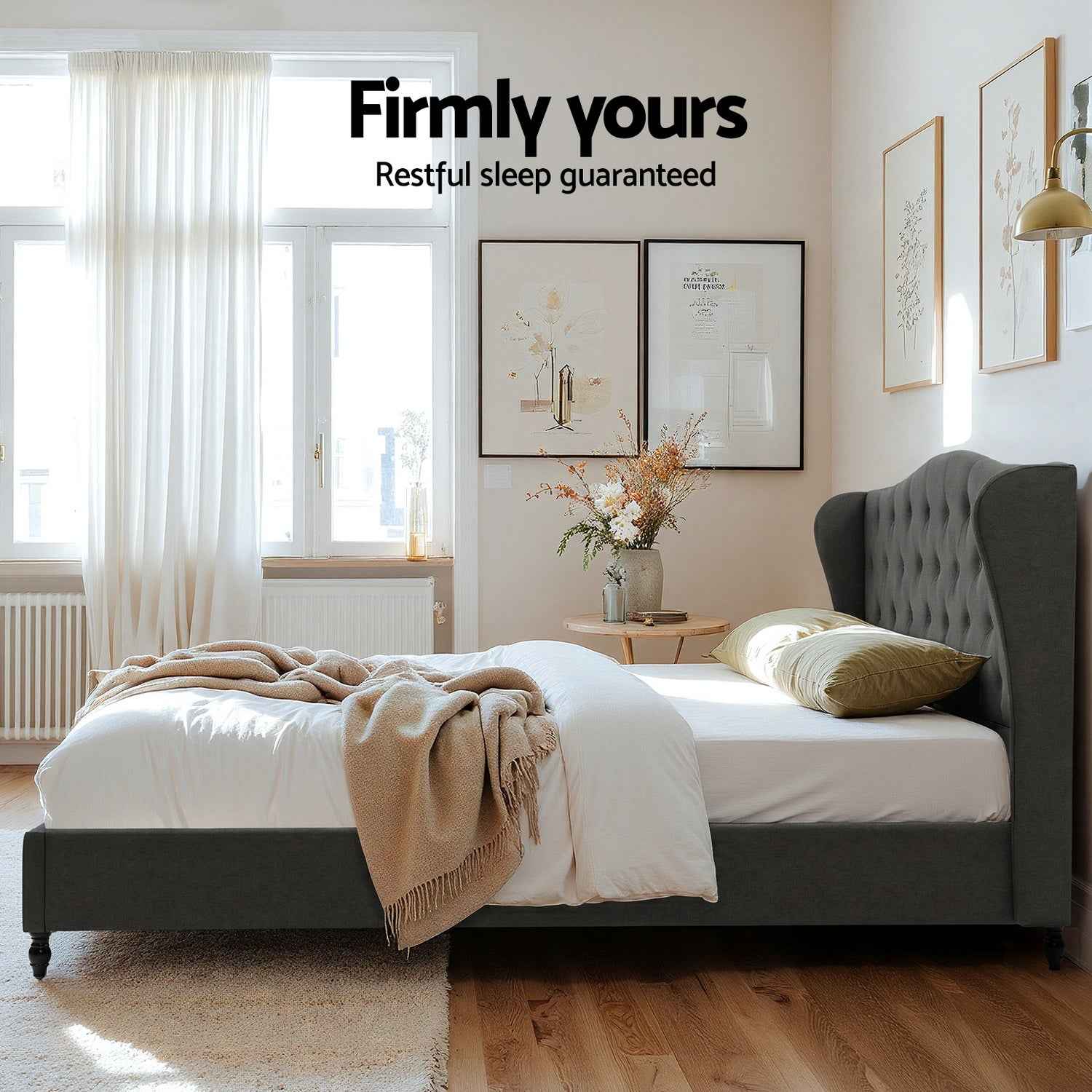 Artiss King Bed Frame with Wingback Headboard Grey Linen Upholstered Platform Bed Base