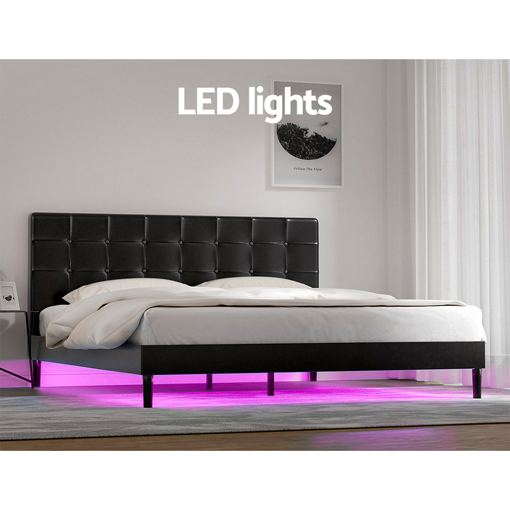 Artiss Bed Frame King Bed Base w RGB LED Lights Charge Ports Black Leather RAVI