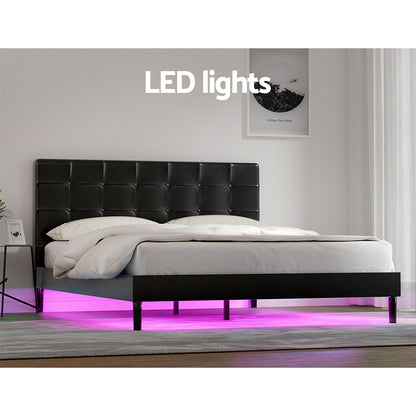 Artiss Bed Frame Queen Bed Base w LED Lights Charge Ports Black Leather RAVI