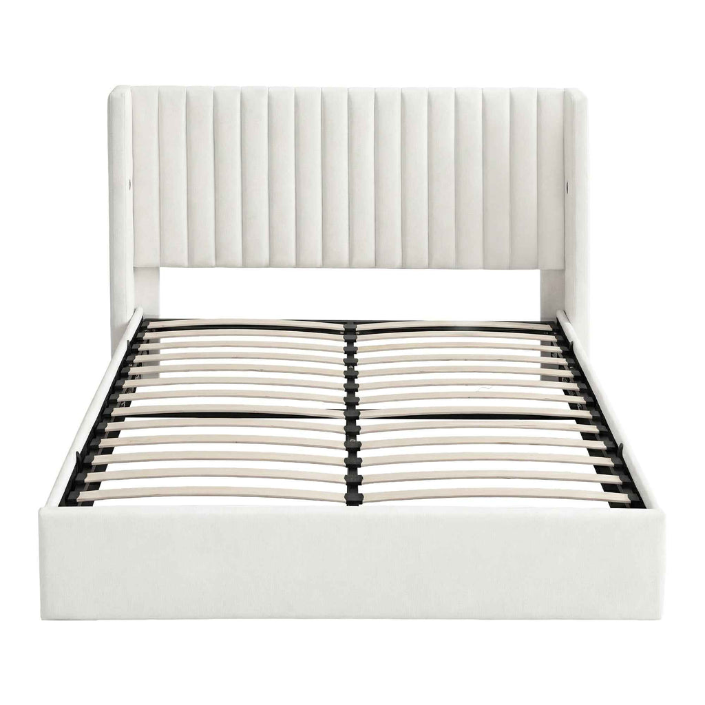 Artiss Double Bed Frame with Gaslift Storage USB Type-C Charging Ports Velvet Upholstery White