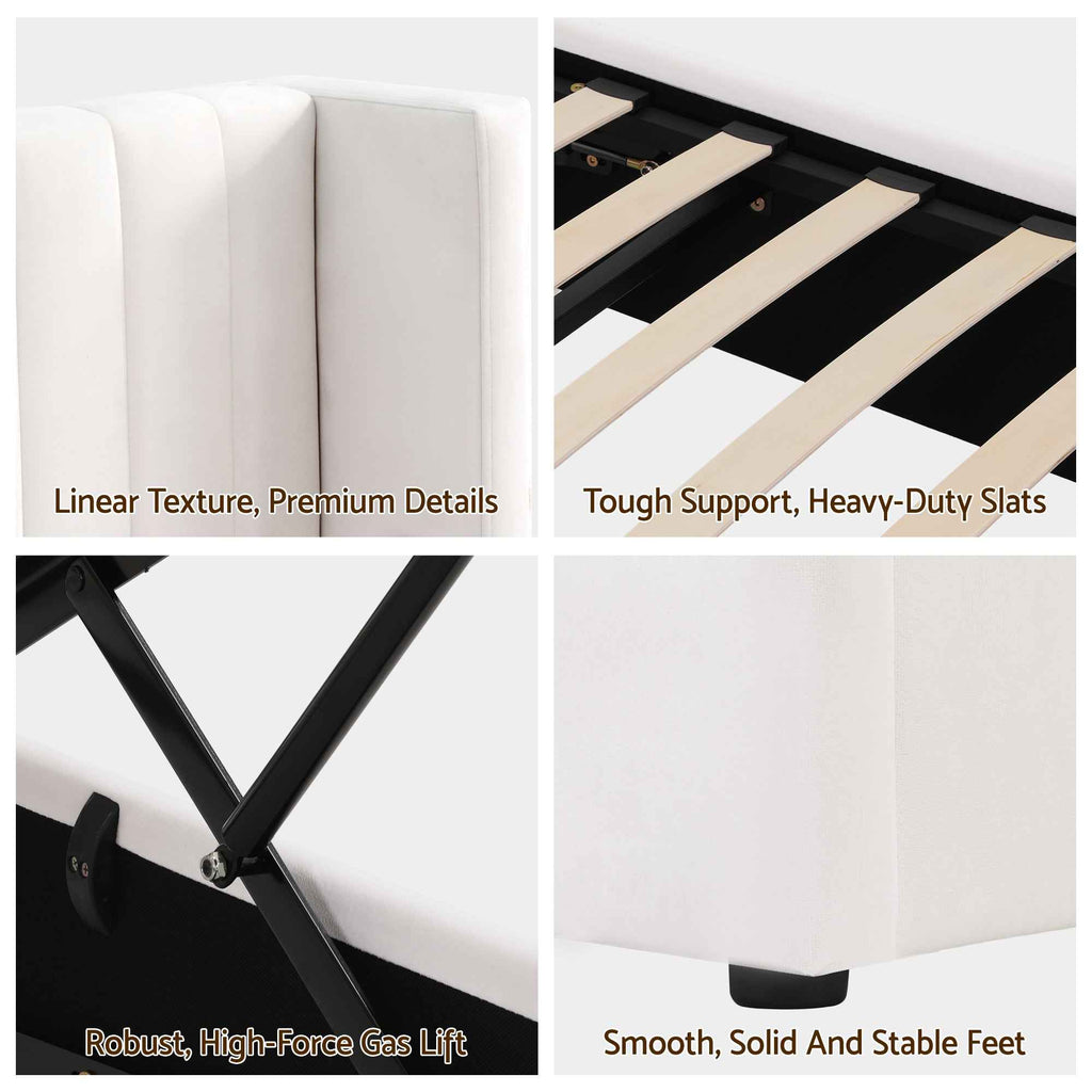 Artiss Double Bed Frame with Gaslift Storage USB Type-C Charging Ports Velvet Upholstery White