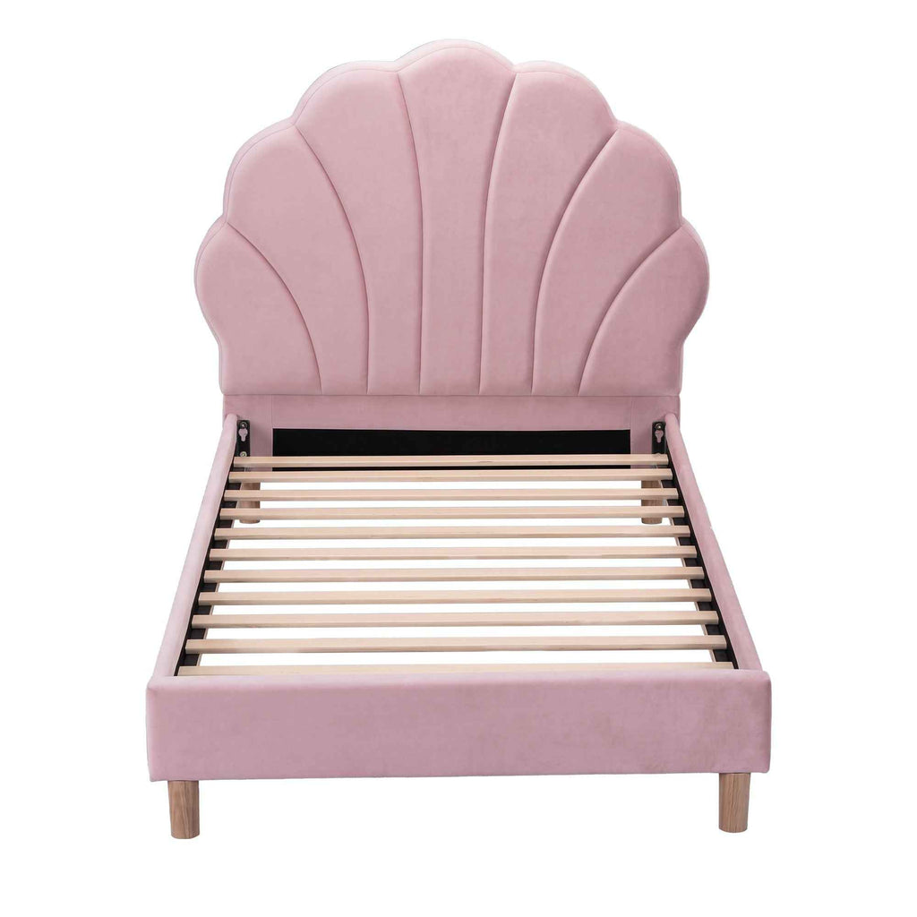 Artiss Single Bed Frame Scallop Upholstered Headboard Pink Velvet Platform Base Support up to 180kg