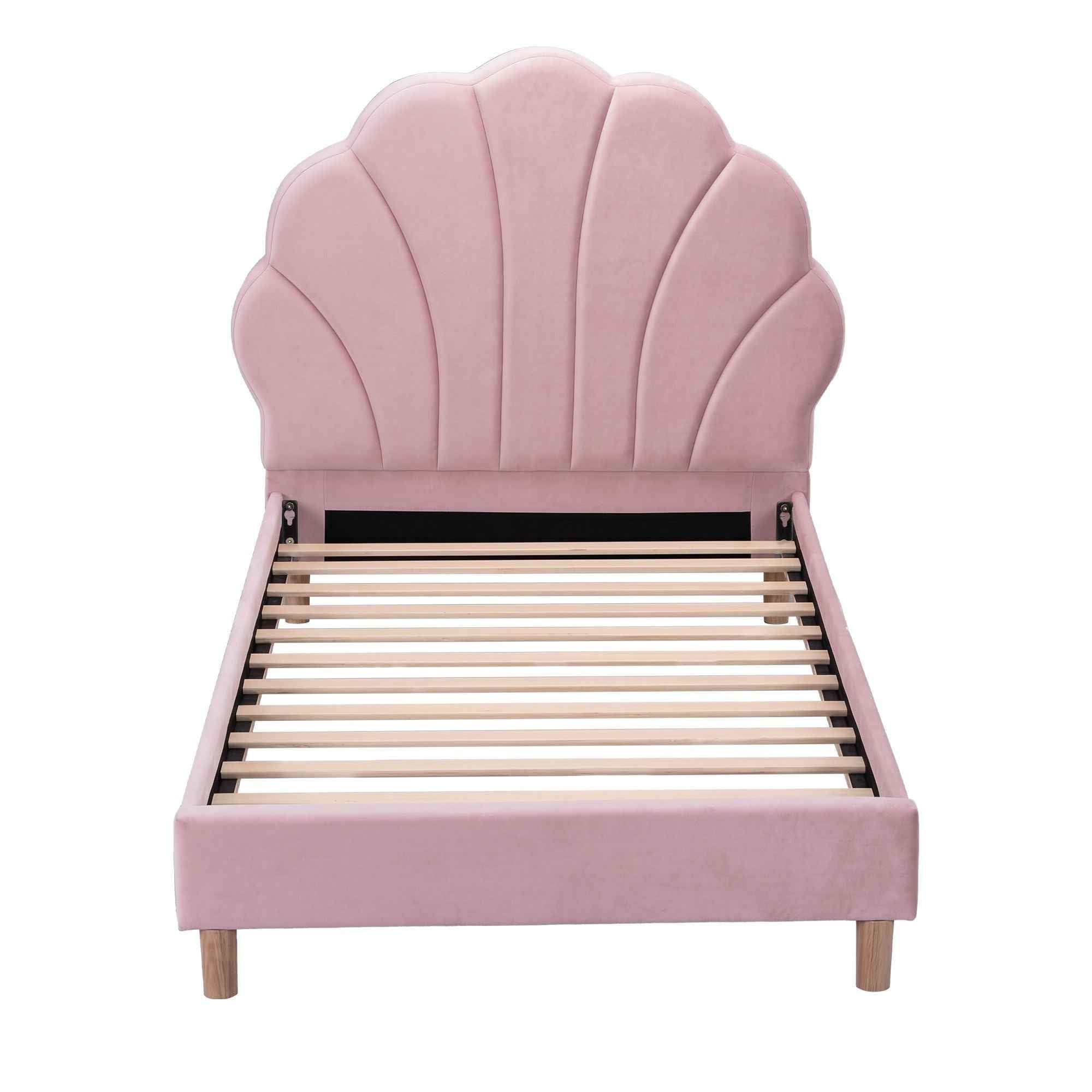 Artiss Single Bed Frame Scallop Upholstered Headboard Pink Velvet Platform Base Support up to 180kg