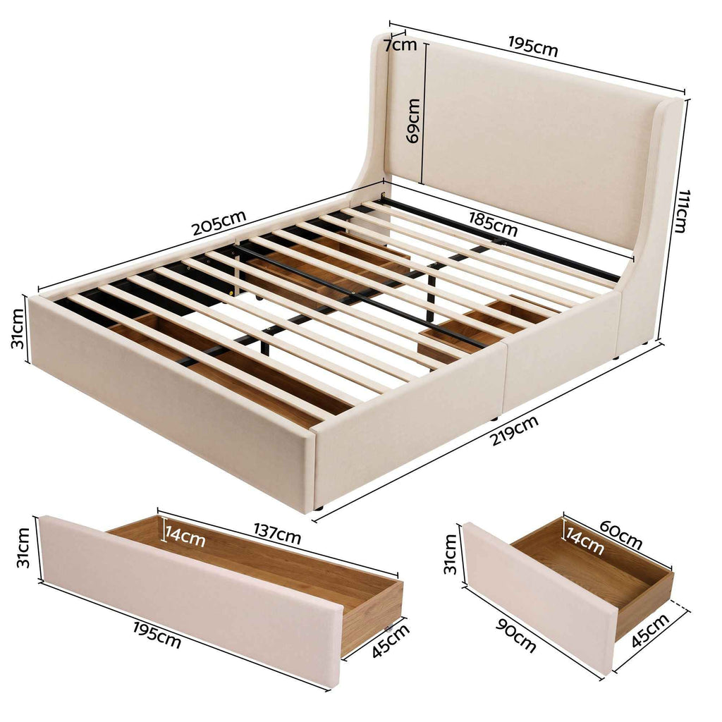 Artiss King Upholstered Bed Frame with 3 Storage Drawers Wingback Headboard Heavy Duty Metal Platform Base