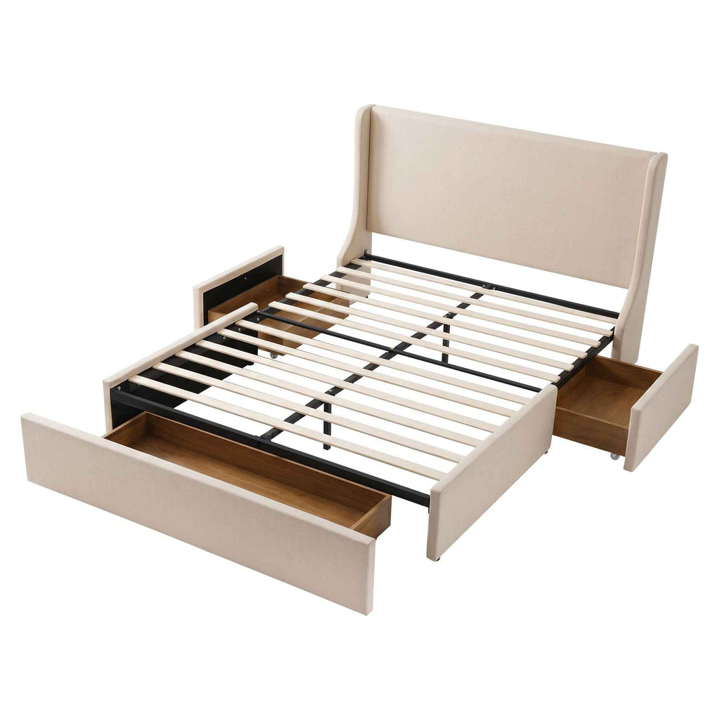 Artiss Queen Upholstered Bed Frame with 3 Storage Drawers Wingback Headboard Heavy Duty Metal Platform Base