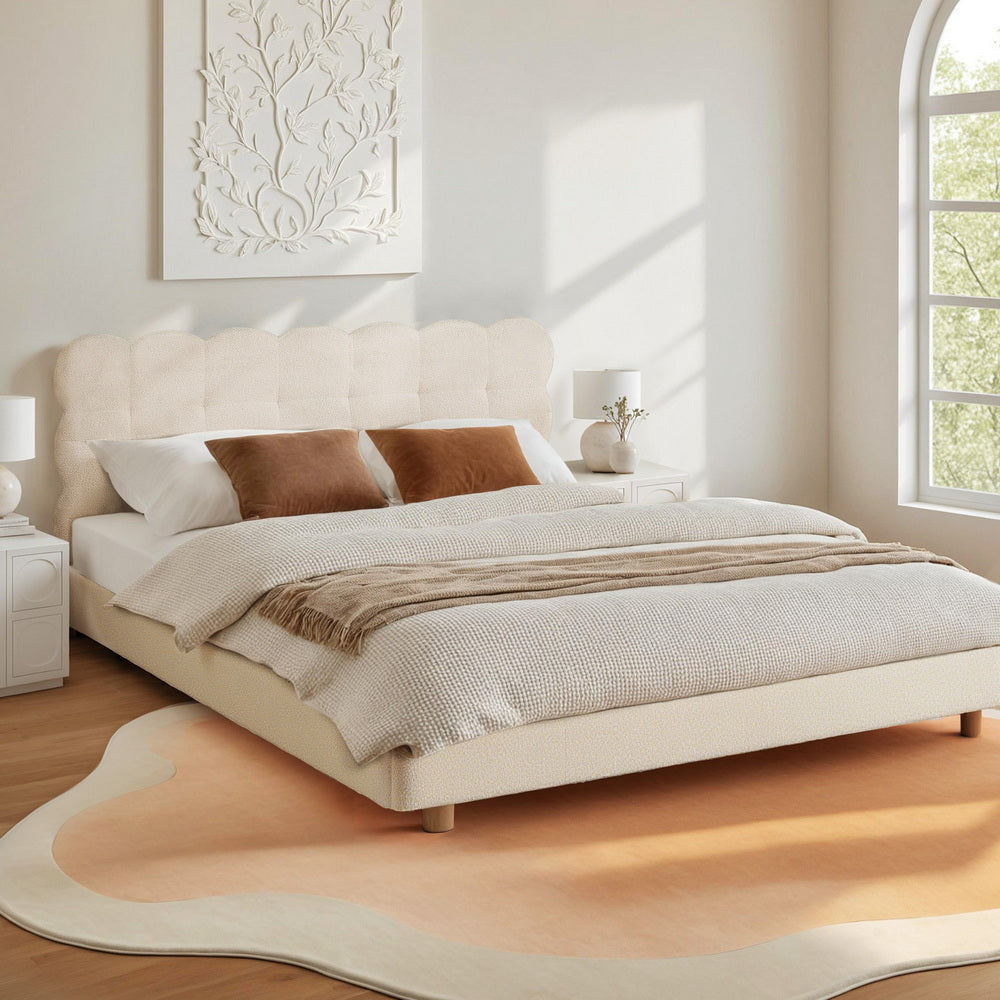 Artiss Queen Bed Frame Cloud Headboard Boucle Fabric Mattress Platform Base White