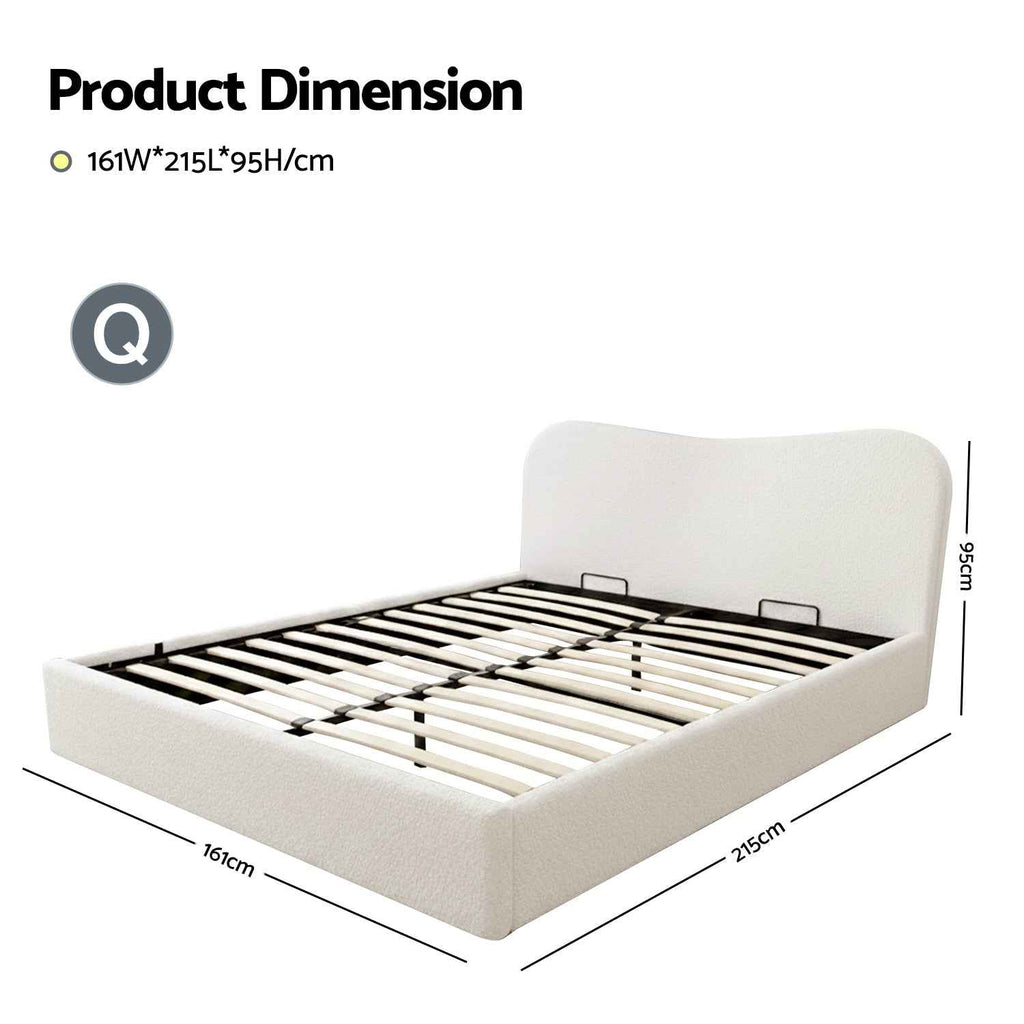 Artiss Queen Bed Frame with Gaslift Storage Wooden Platform Mattress Base Boucle Upholstered White
