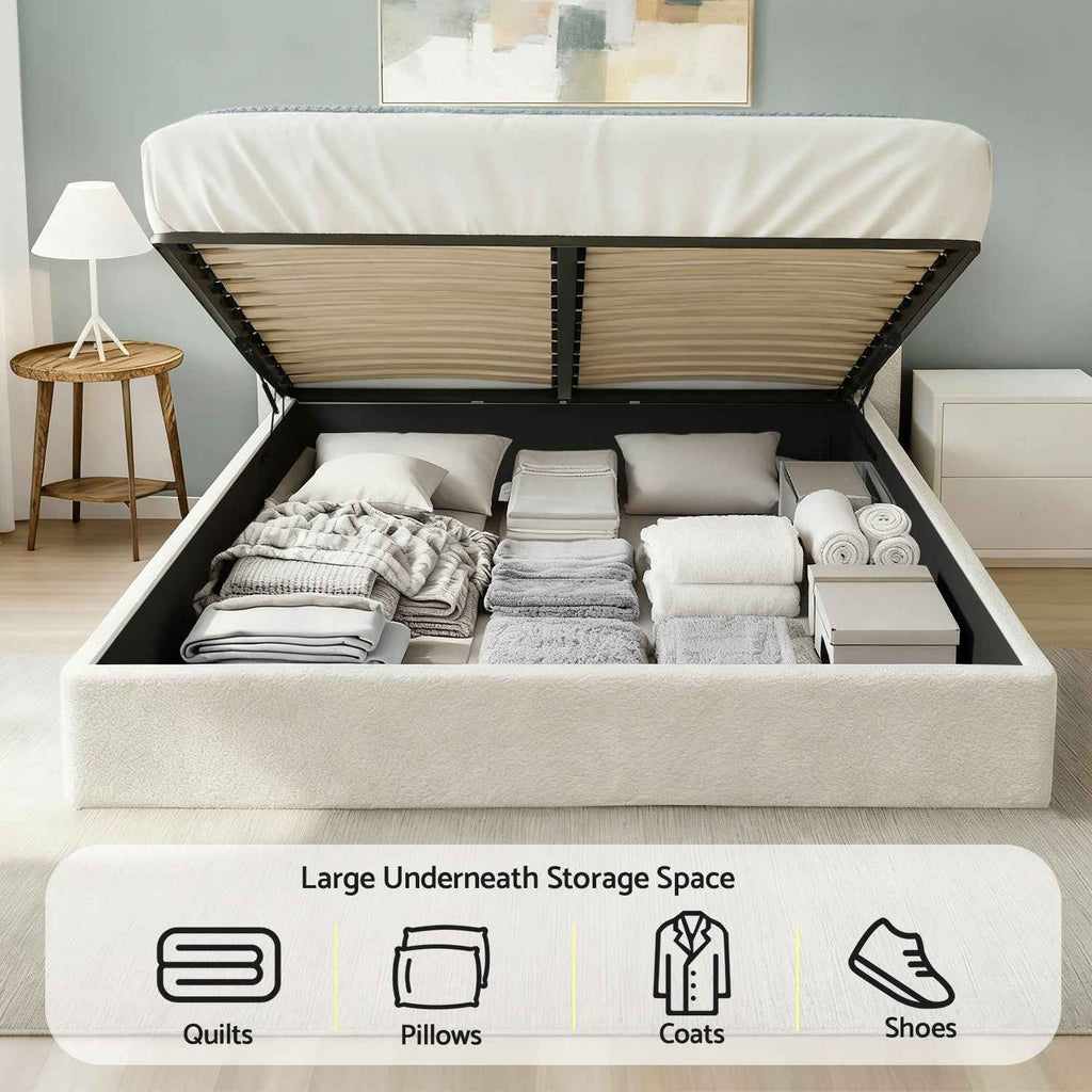 Artiss Queen Bed Frame with Gaslift Storage Wooden Platform Mattress Base Boucle Upholstered White