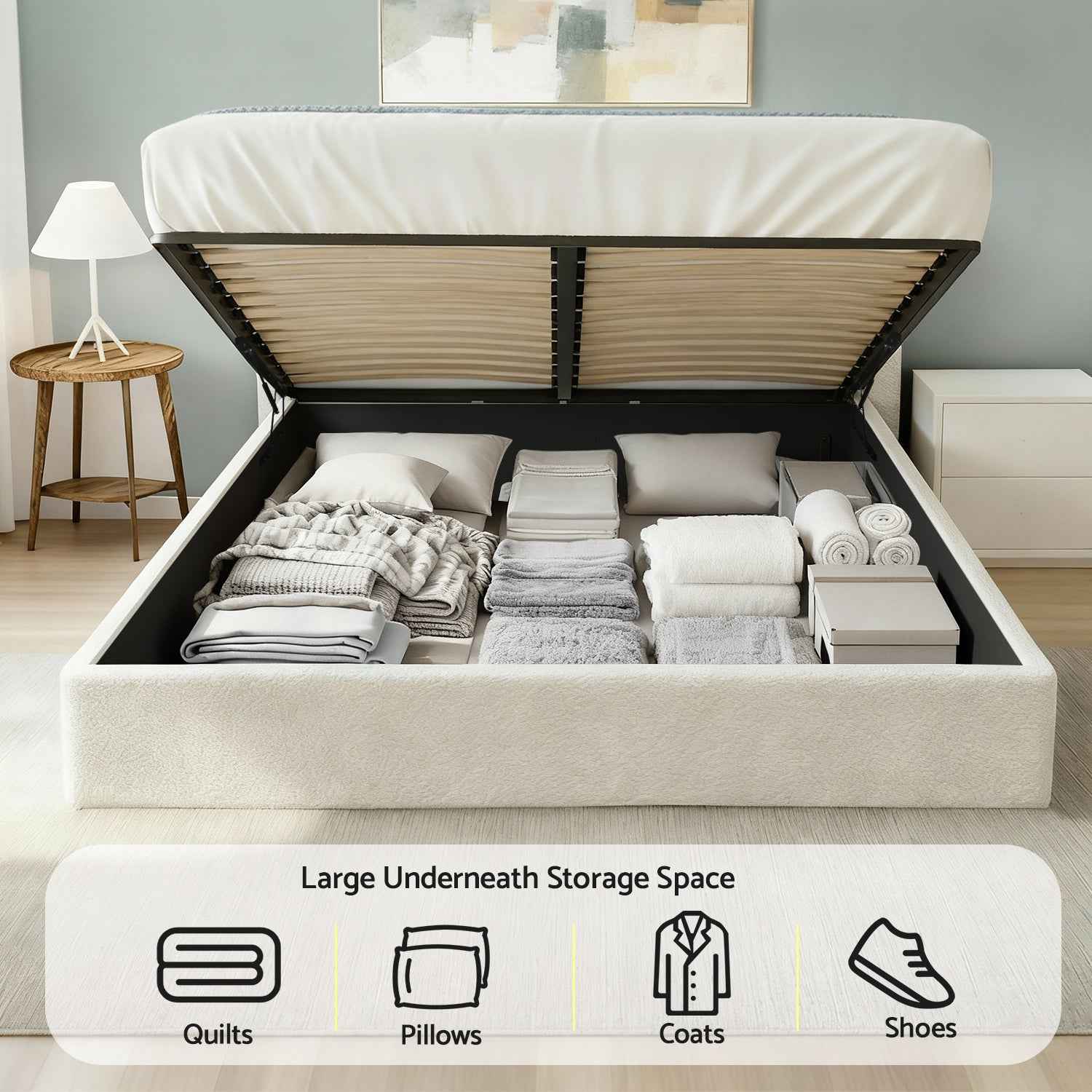 Artiss Queen Bed Frame with Gaslift Storage Wooden Platform Mattress Base Boucle Upholstered White