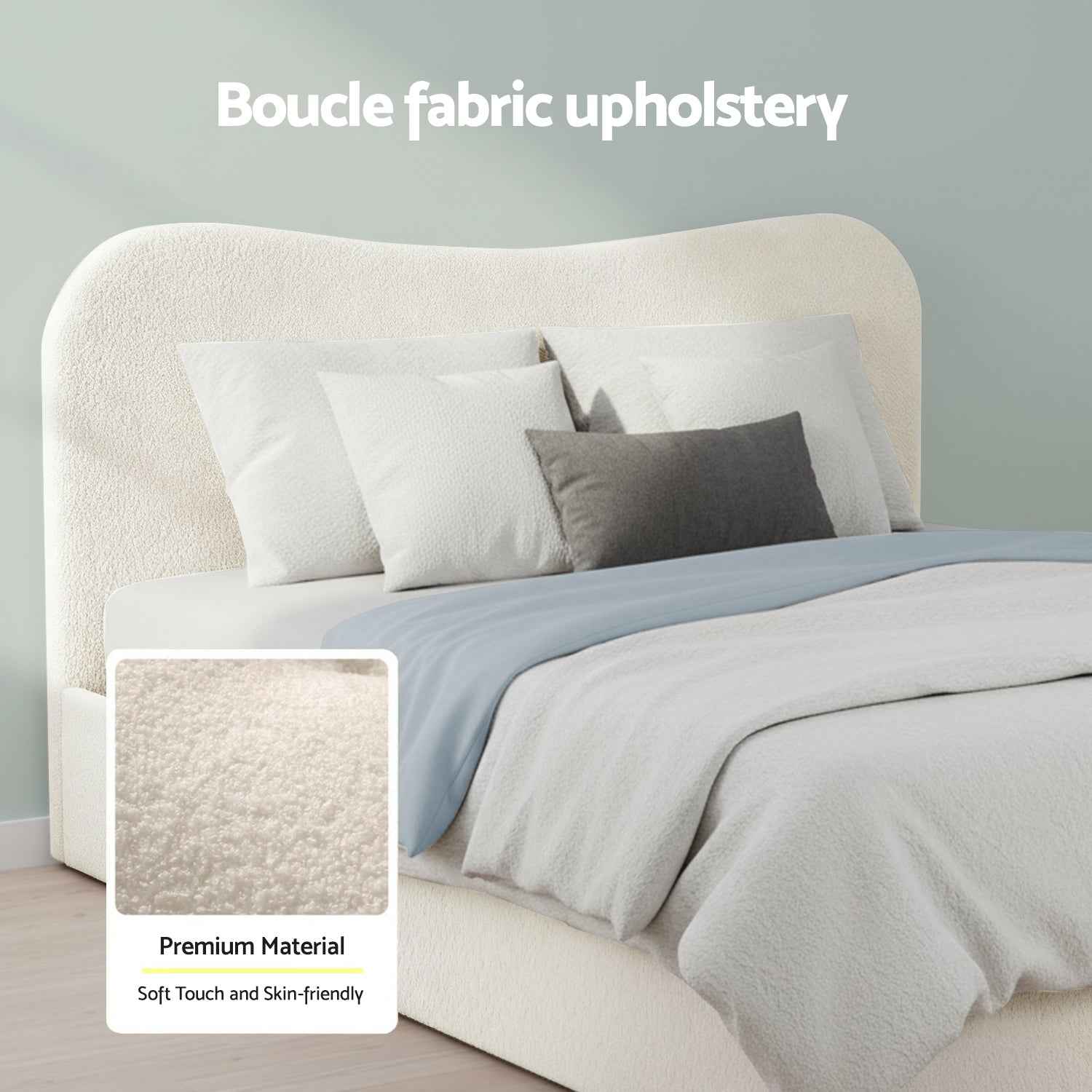 Artiss Queen Bed Frame with Gaslift Storage Wooden Platform Mattress Base Boucle Upholstered White