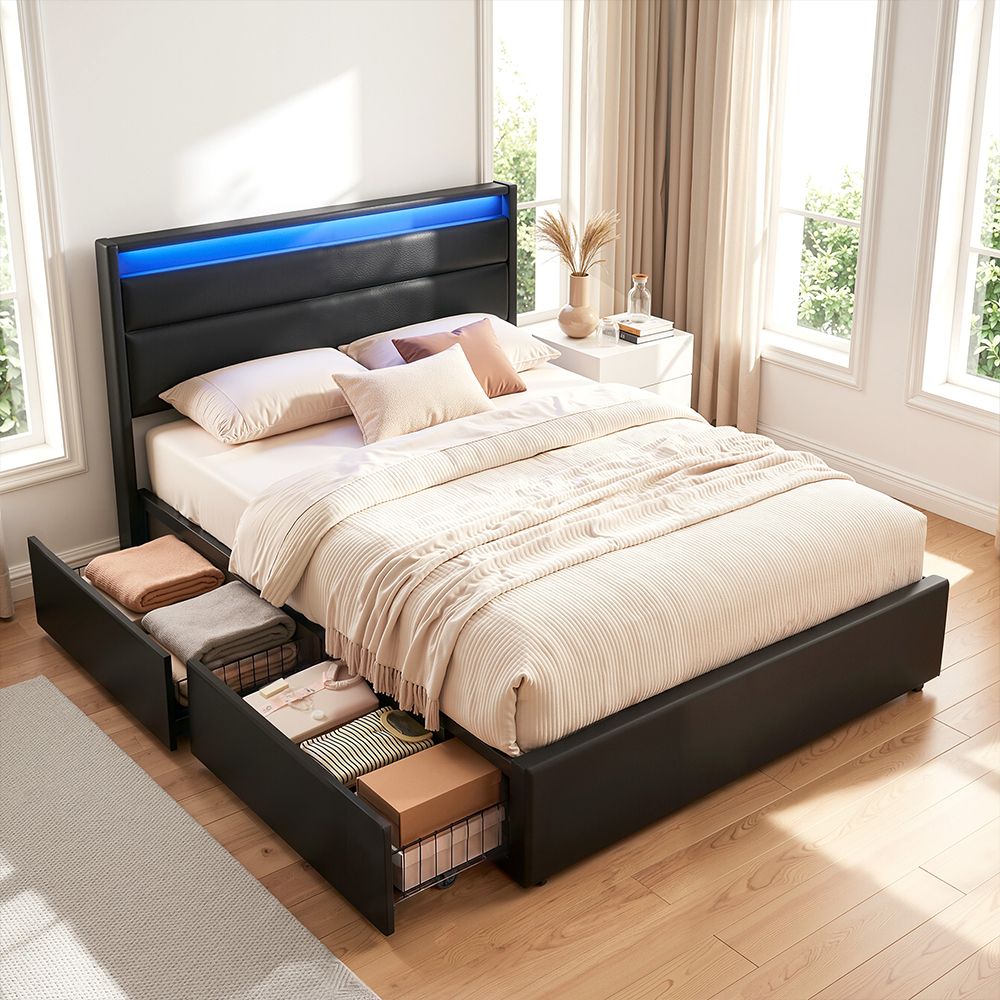 Marco de cama Artiss tamaño doble LED con 4 cajones negro DUNN