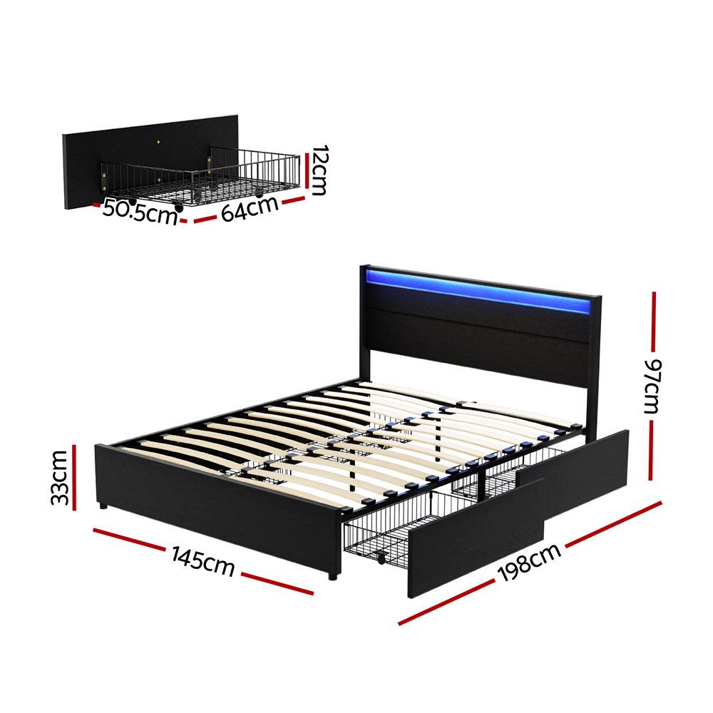 Marco de cama Artiss tamaño doble LED con 4 cajones negro DUNN