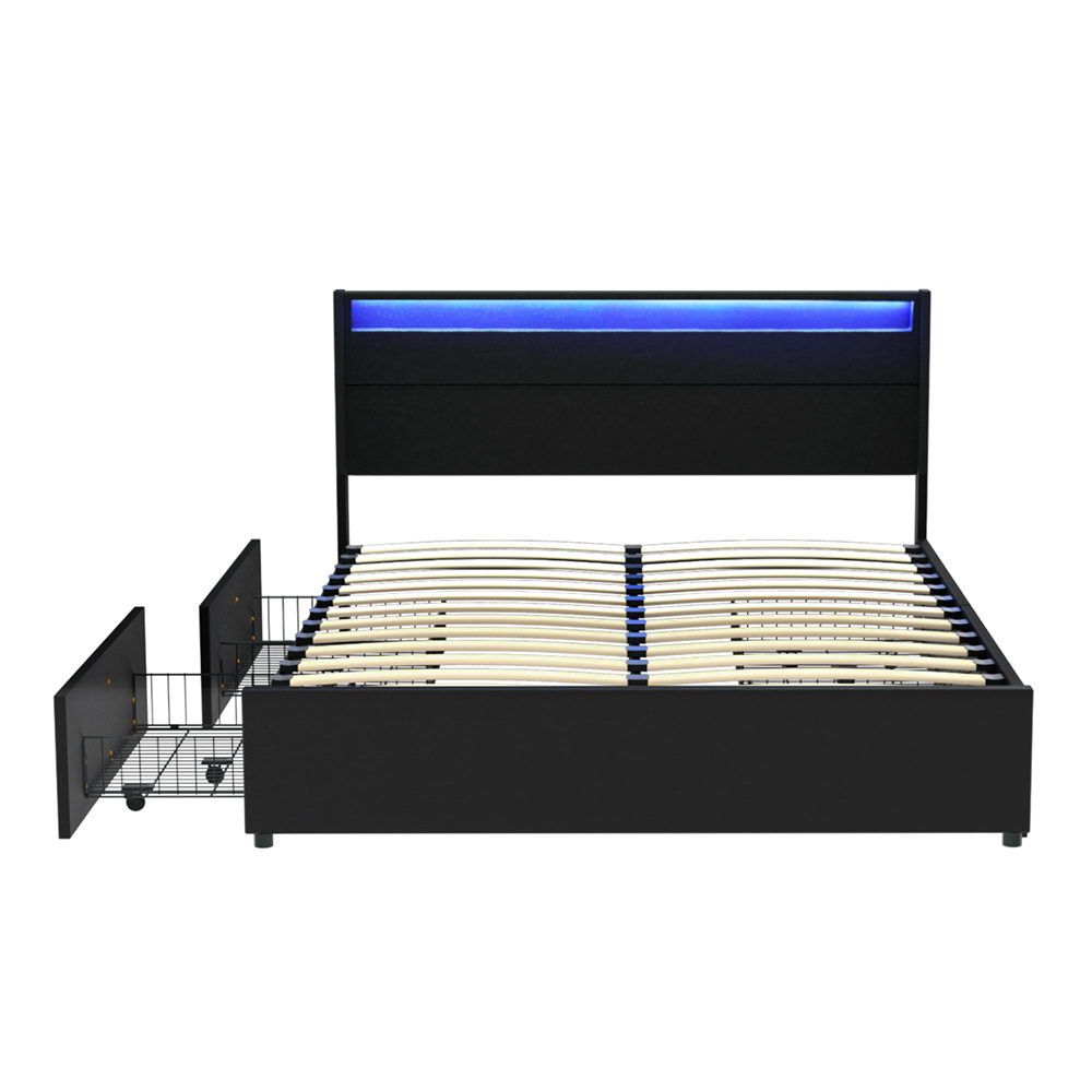 Marco de cama Artiss tamaño doble LED con 4 cajones negro DUNN