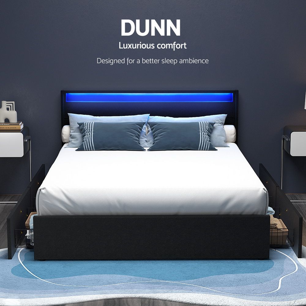 Marco de cama Artiss tamaño doble LED con 4 cajones negro DUNN