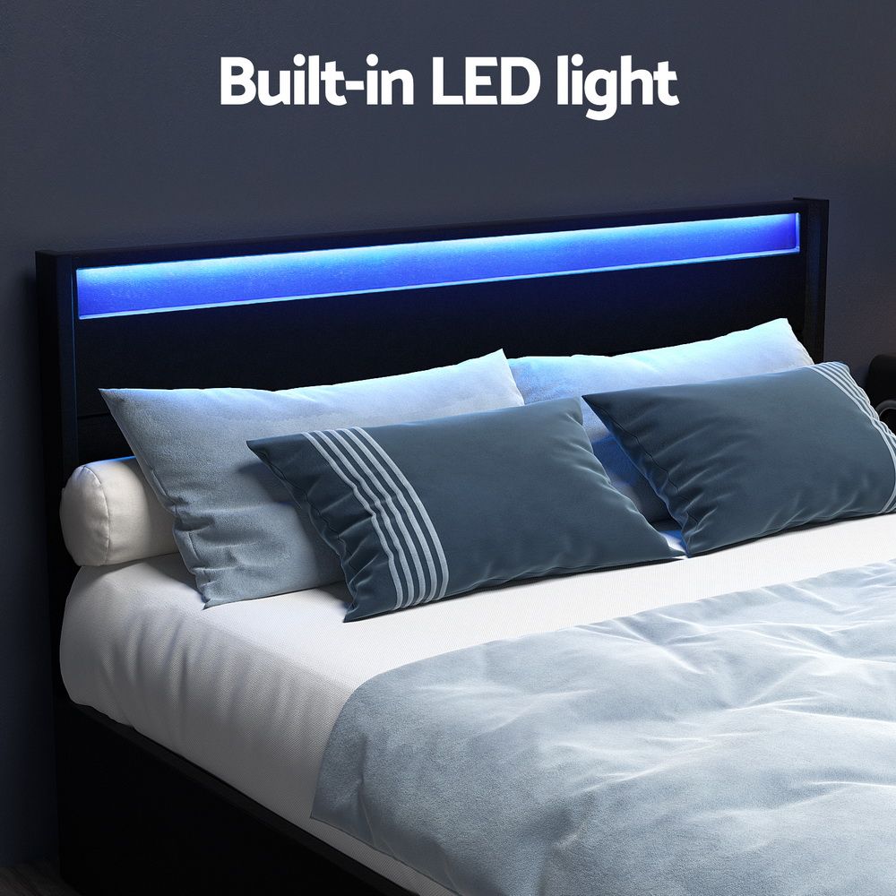 Marco de cama Artiss tamaño doble LED con 4 cajones negro DUNN