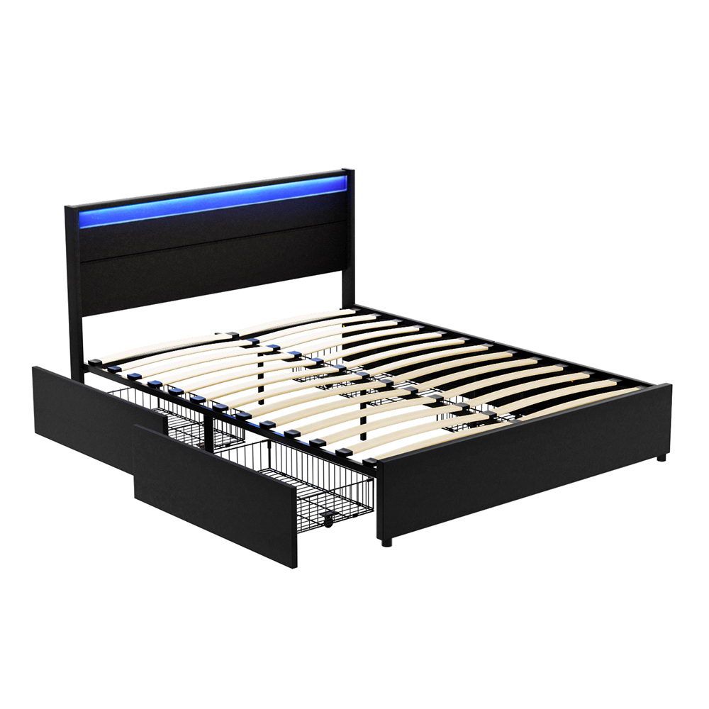 Marco de cama Artiss tamaño doble LED con 4 cajones negro DUNN