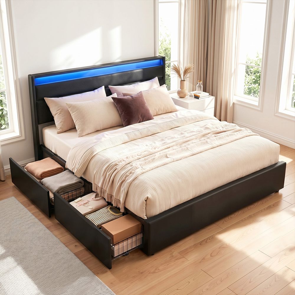 Marco de cama Artiss tamaño Queen LED con 4 cajones negro DUNN