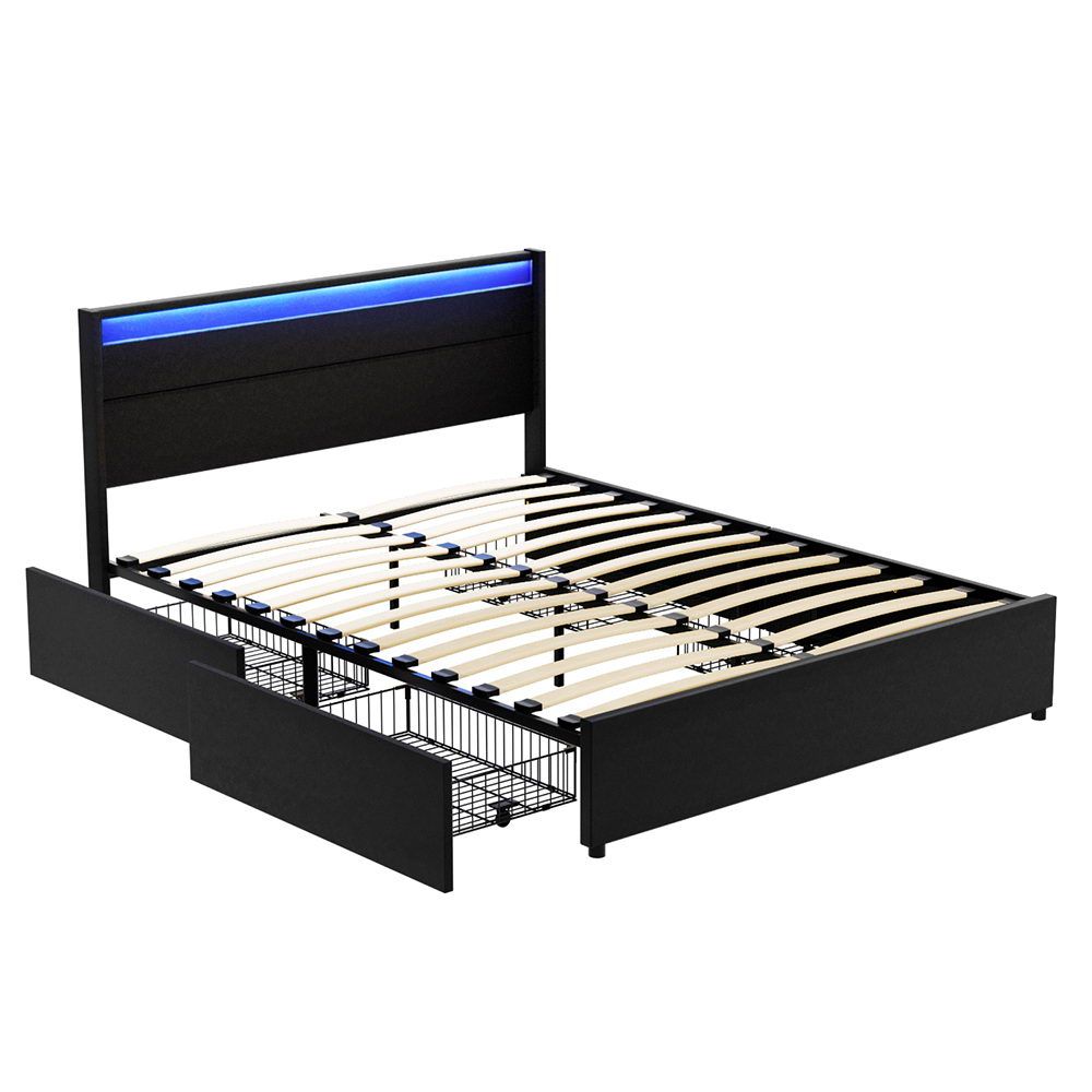 Marco de cama Artiss tamaño Queen LED con 4 cajones negro DUNN