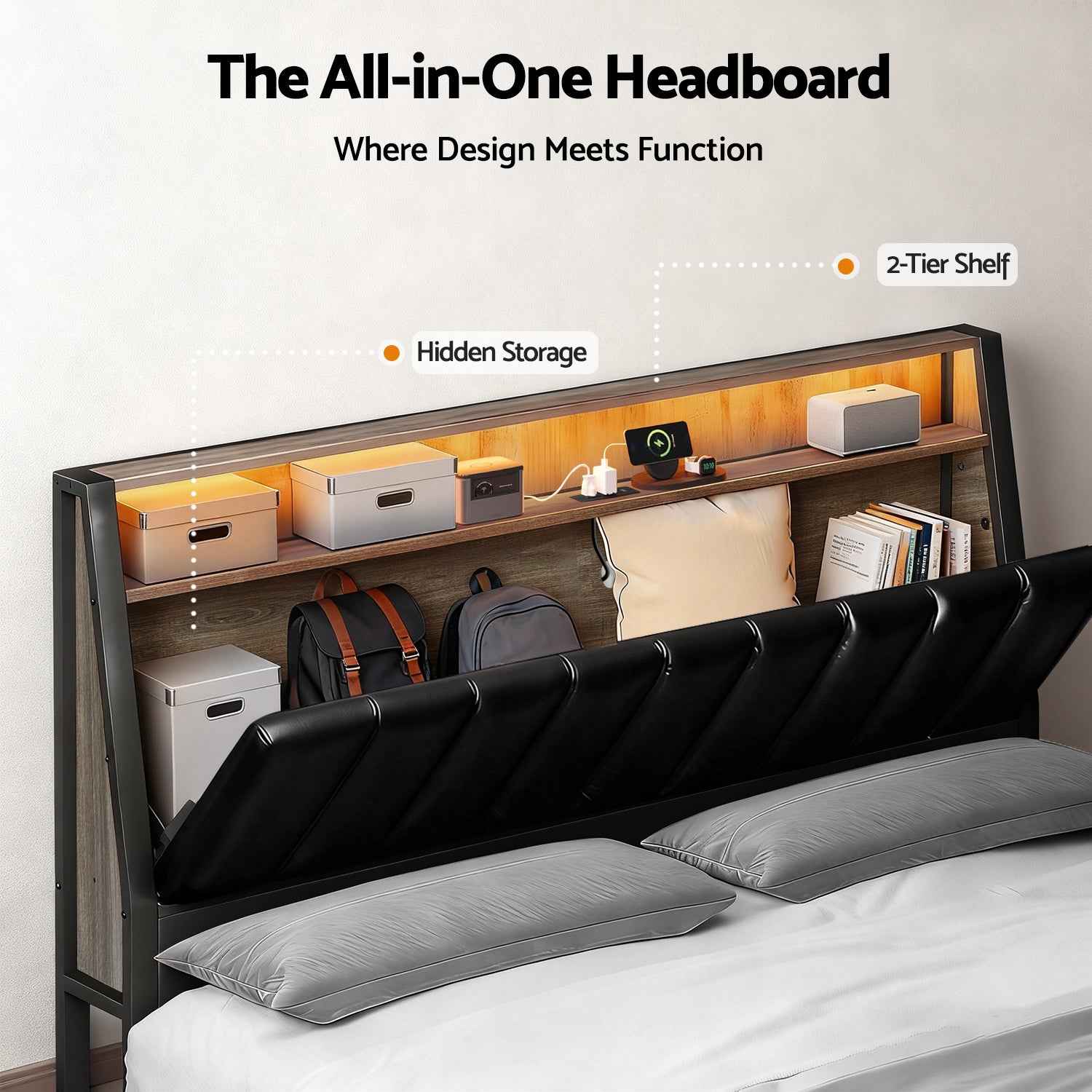 Artiss Double Bed Frame LED Storage Headboard with Charging Station Black