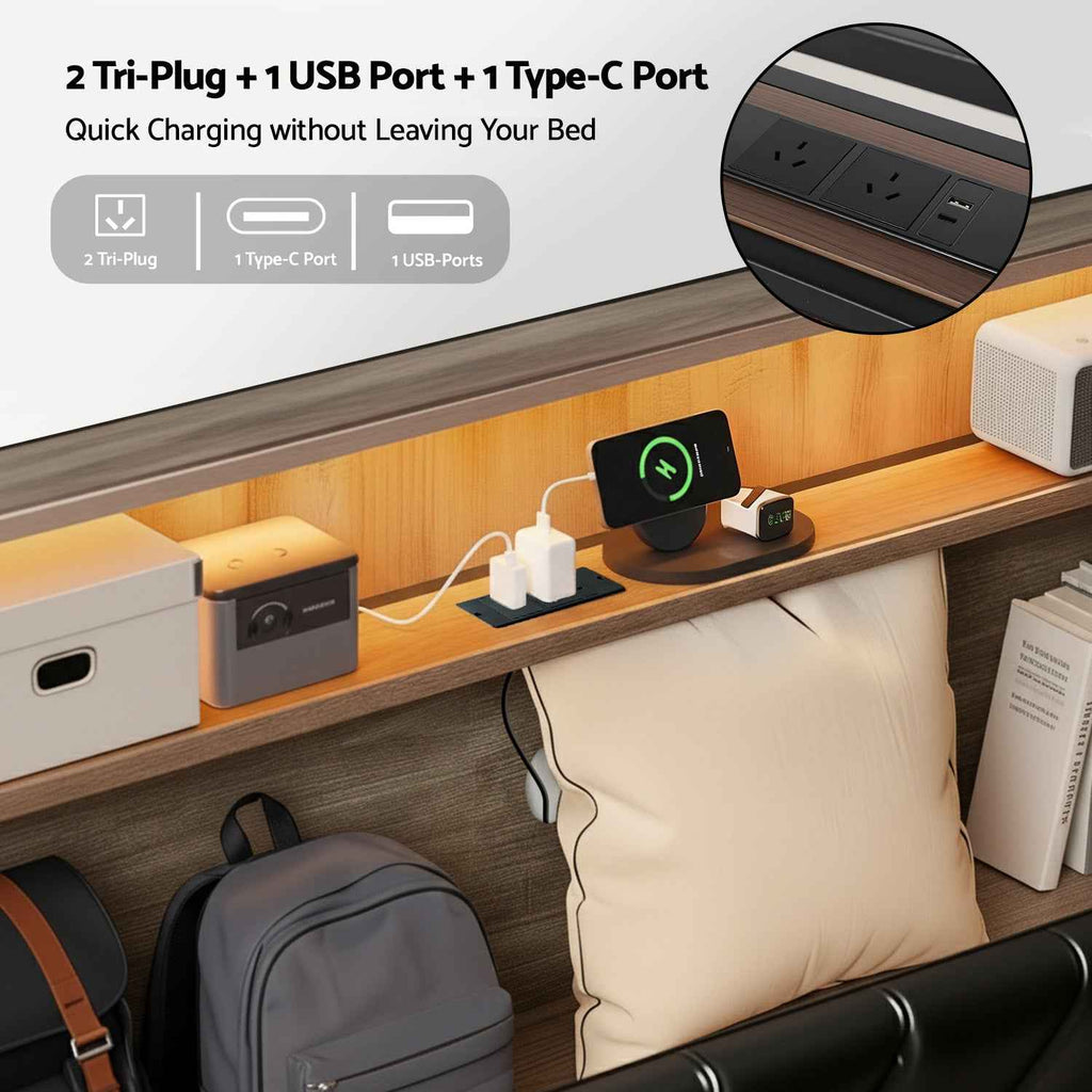 Artiss Queen Bed Frame LED Storage Headboard with Charging Station Black