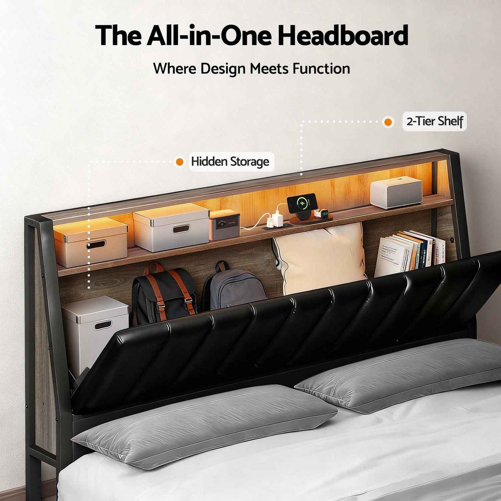 Artiss Queen Bed Frame LED Storage Headboard with Charging Station Black