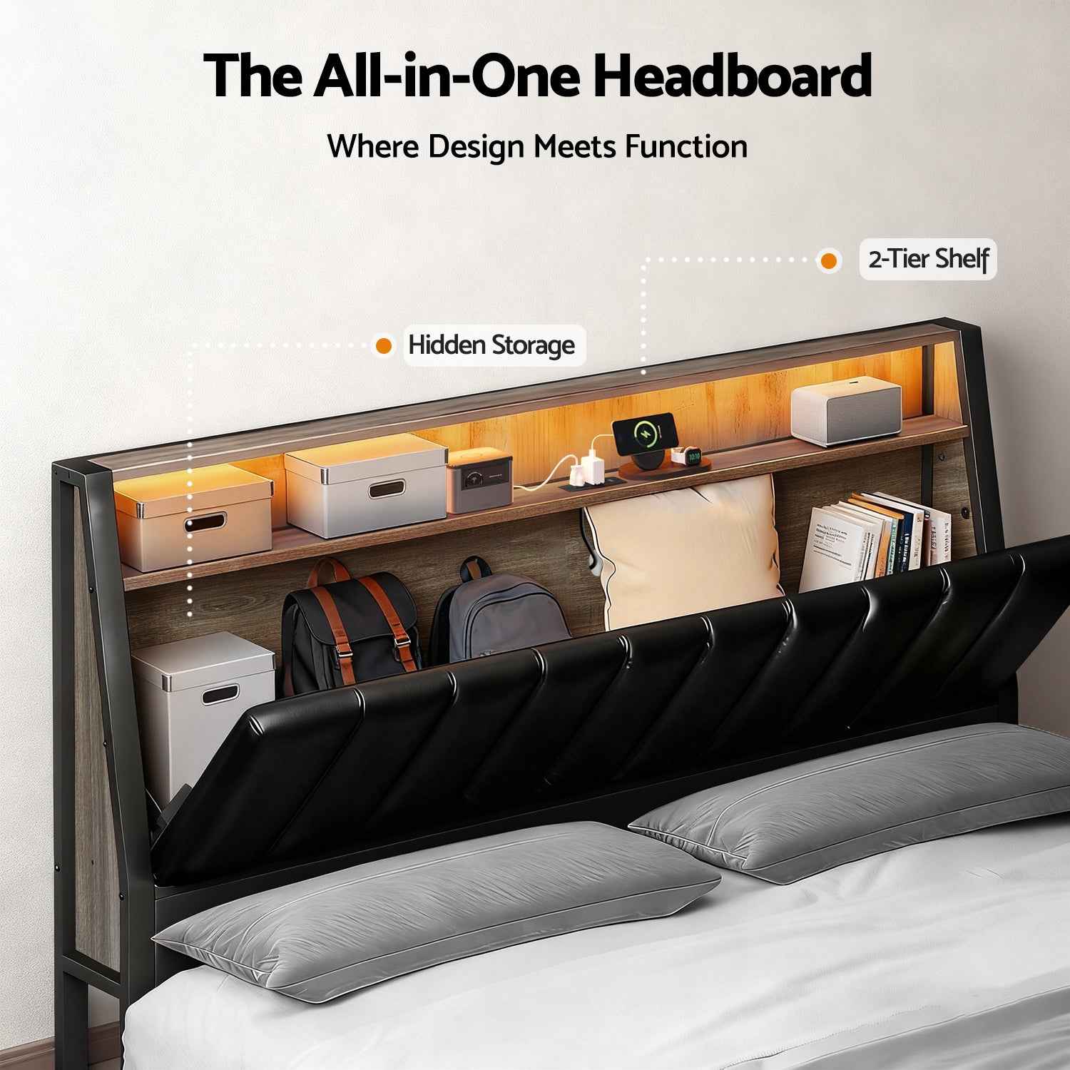 Artiss Queen Bed Frame LED Storage Headboard with Charging Station Black