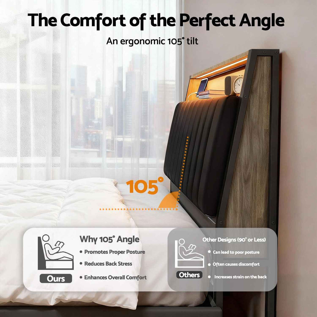 Artiss Queen Bed Frame LED Storage Headboard with Charging Station Black