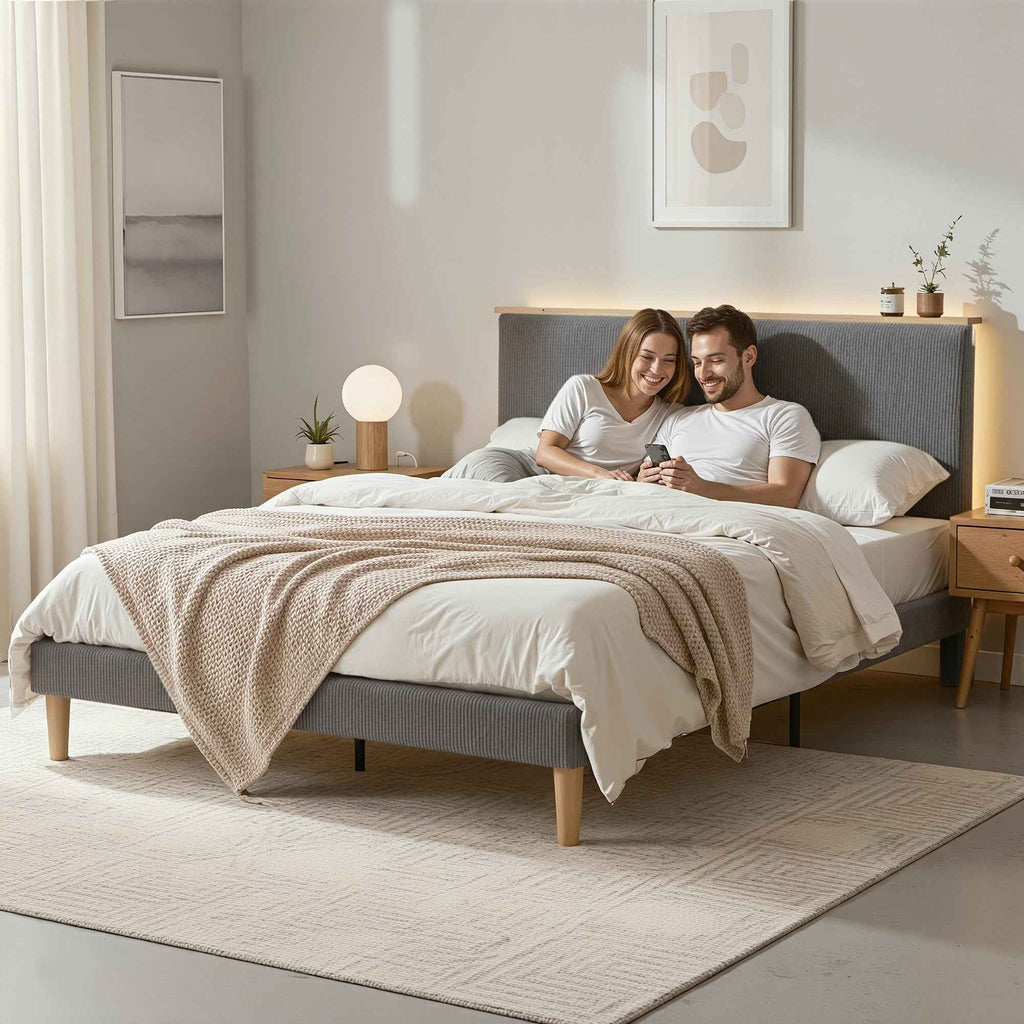 Artiss Double Bed Frame Upholstered Adjustable Headboard Mood Lighting Heavy Duty Grey Velvet