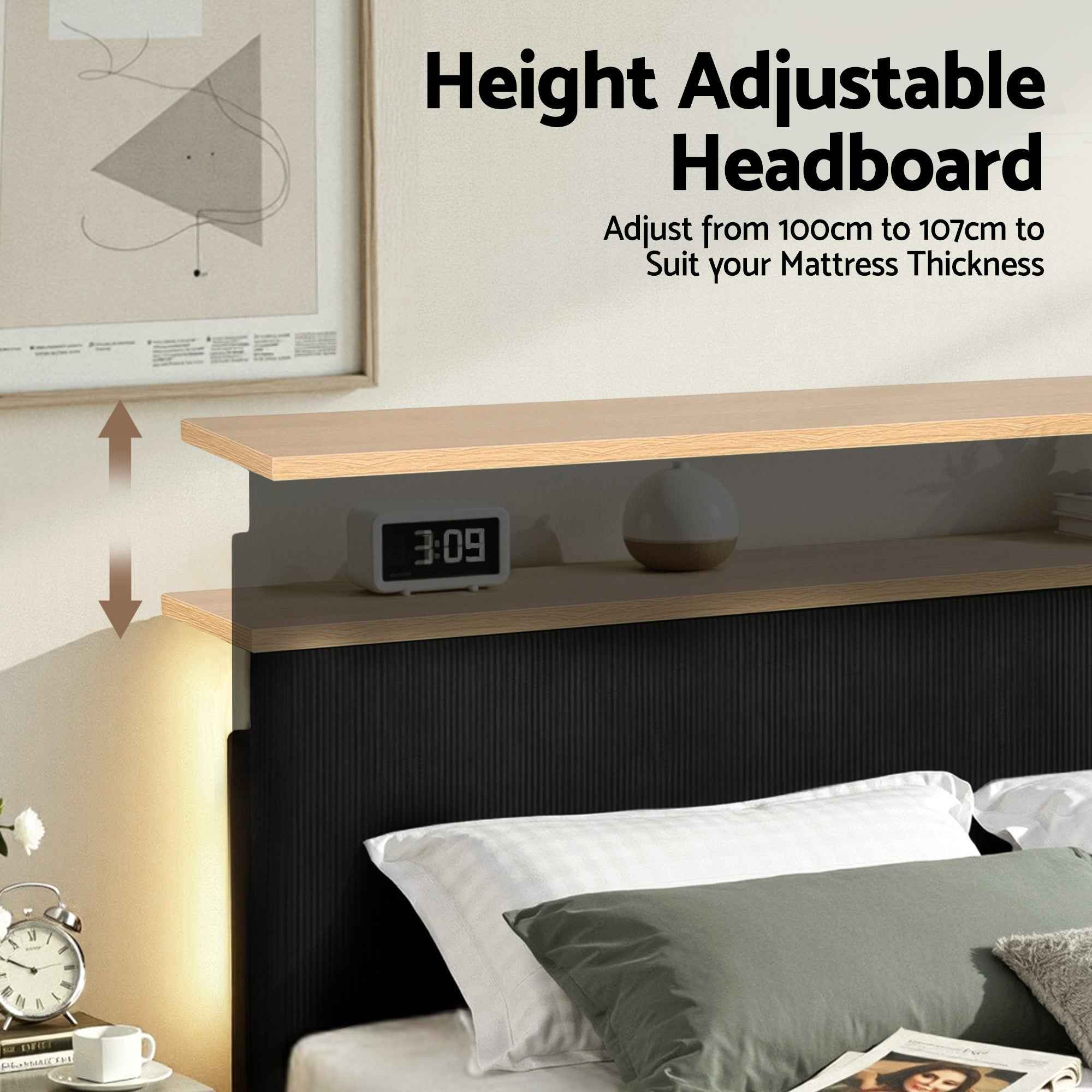 Artiss Queen Bed Frame Upholstered Adjustable Headboard Mood Lighting Heavy Duty Black Velvet