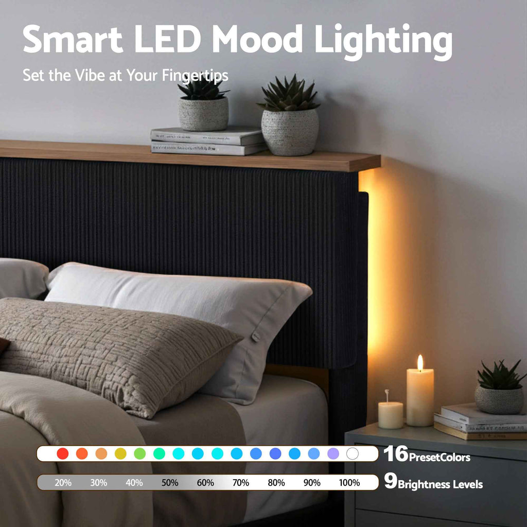 Artiss Queen Bed Frame Upholstered Adjustable Headboard Mood Lighting Heavy Duty Black Velvet