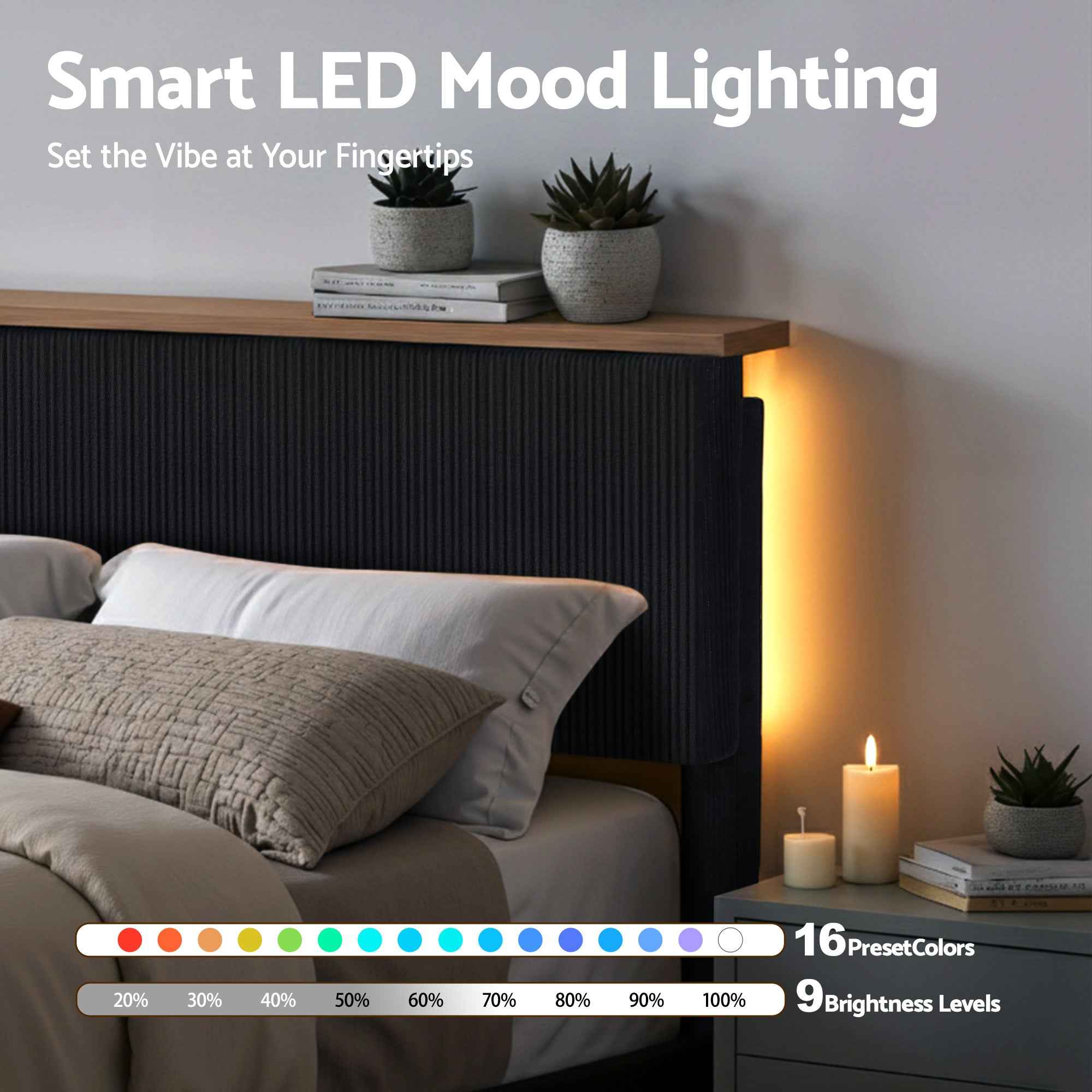 Artiss Queen Bed Frame Upholstered Adjustable Headboard Mood Lighting Heavy Duty Black Velvet