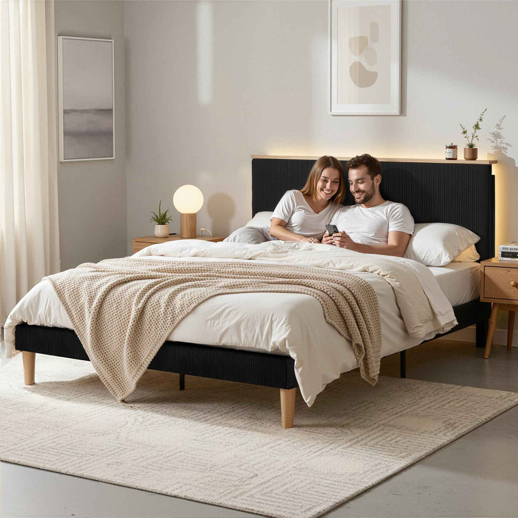 Artiss Queen Bed Frame Upholstered Adjustable Headboard Mood Lighting Heavy Duty Black Velvet