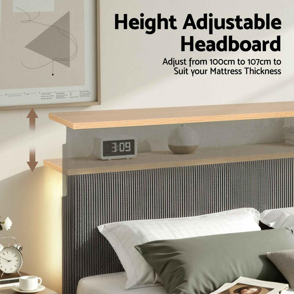 Artiss Queen Bed Frame Upholstered Adjustable Headboard Mood Lighting Heavy Duty Grey Velvet