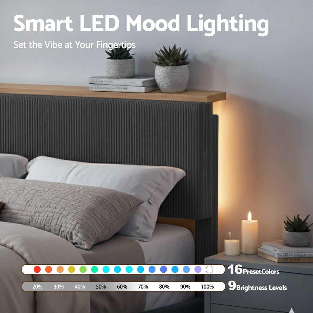 Artiss Queen Bed Frame Upholstered Adjustable Headboard Mood Lighting Heavy Duty Grey Velvet