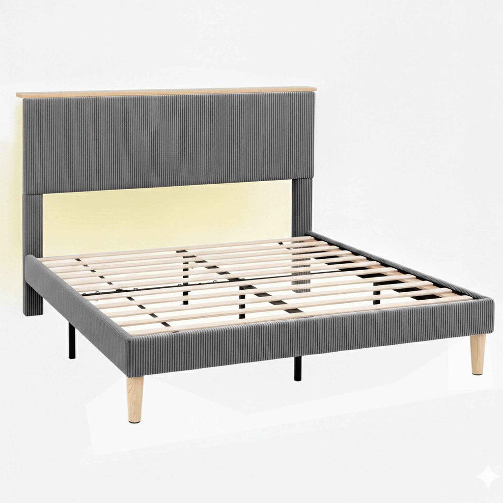 Artiss Queen Bed Frame Upholstered Adjustable Headboard Mood Lighting Heavy Duty Grey Velvet
