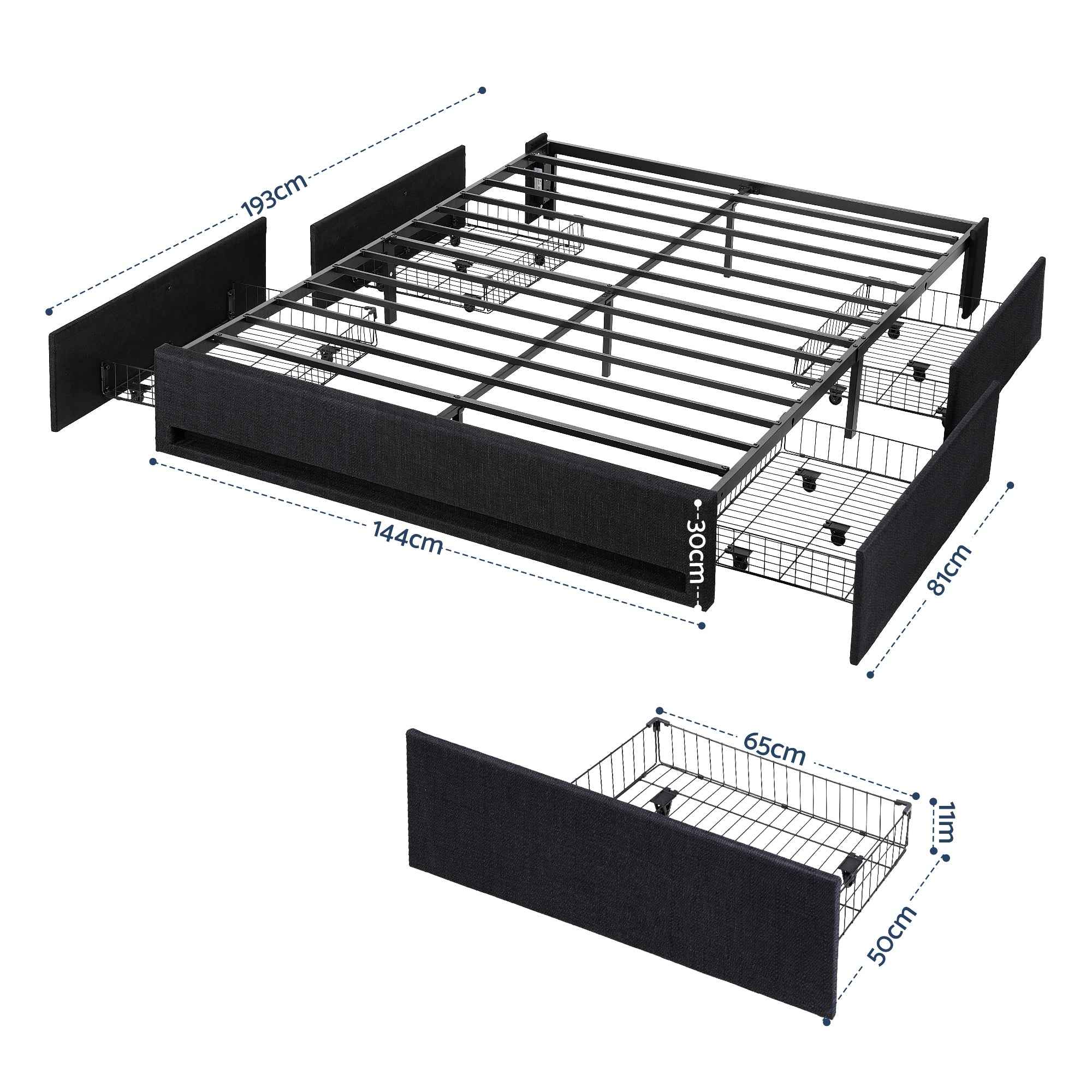 Artiss Double Bed Frame with Storage Drawers RGB Lights Charging Station Upholstered Fabric