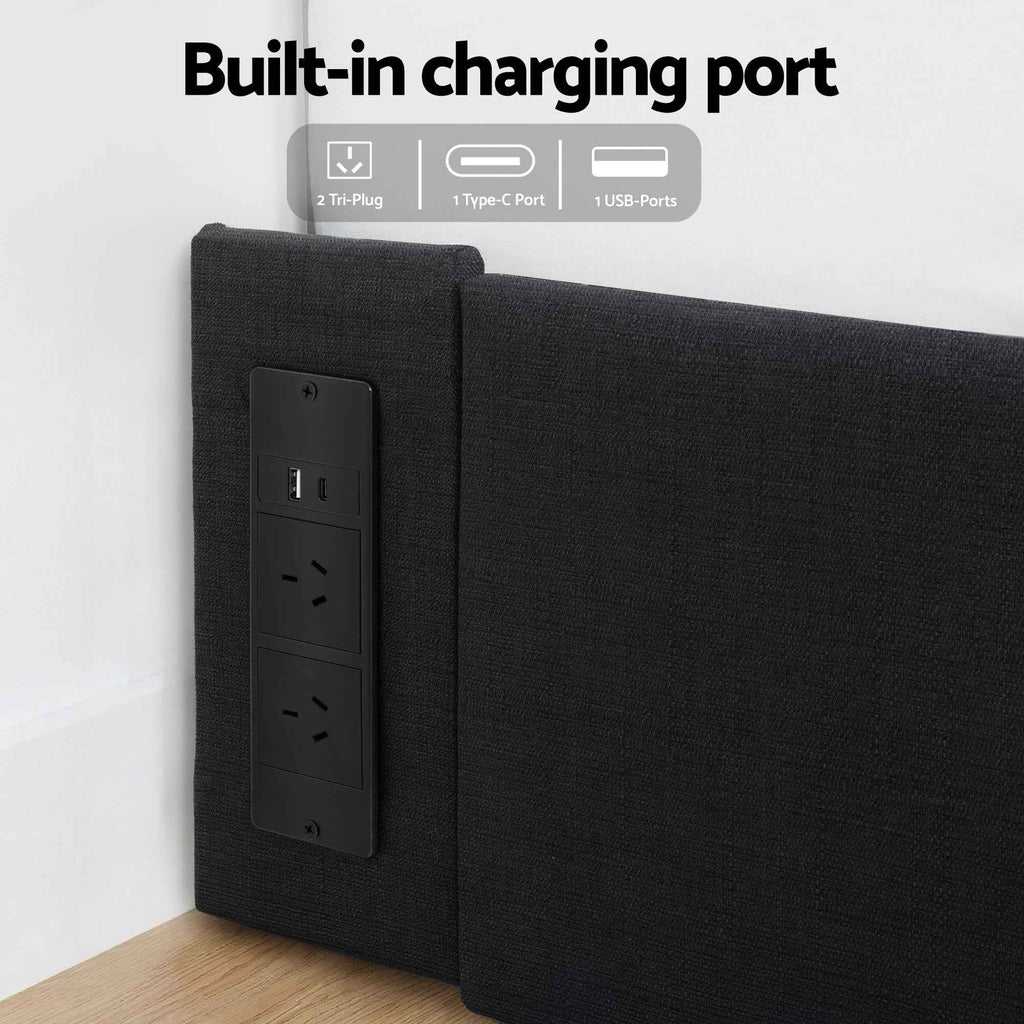 Artiss Double Bed Frame with Storage Drawers RGB Lights Charging Station Upholstered Fabric